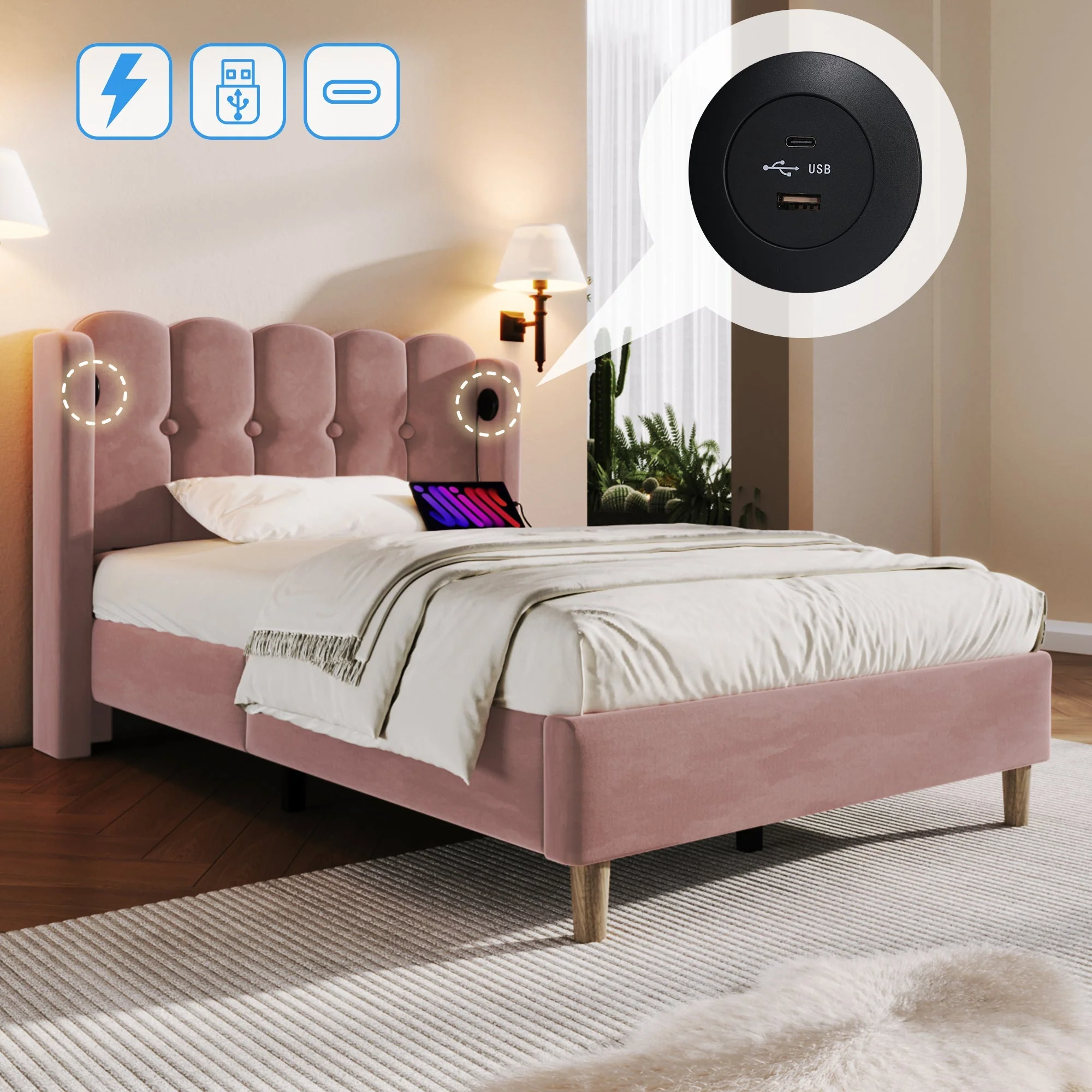 Upholstered Single Bed, 90x200cm, USB-C Charging, Pink Velvet - Image 5