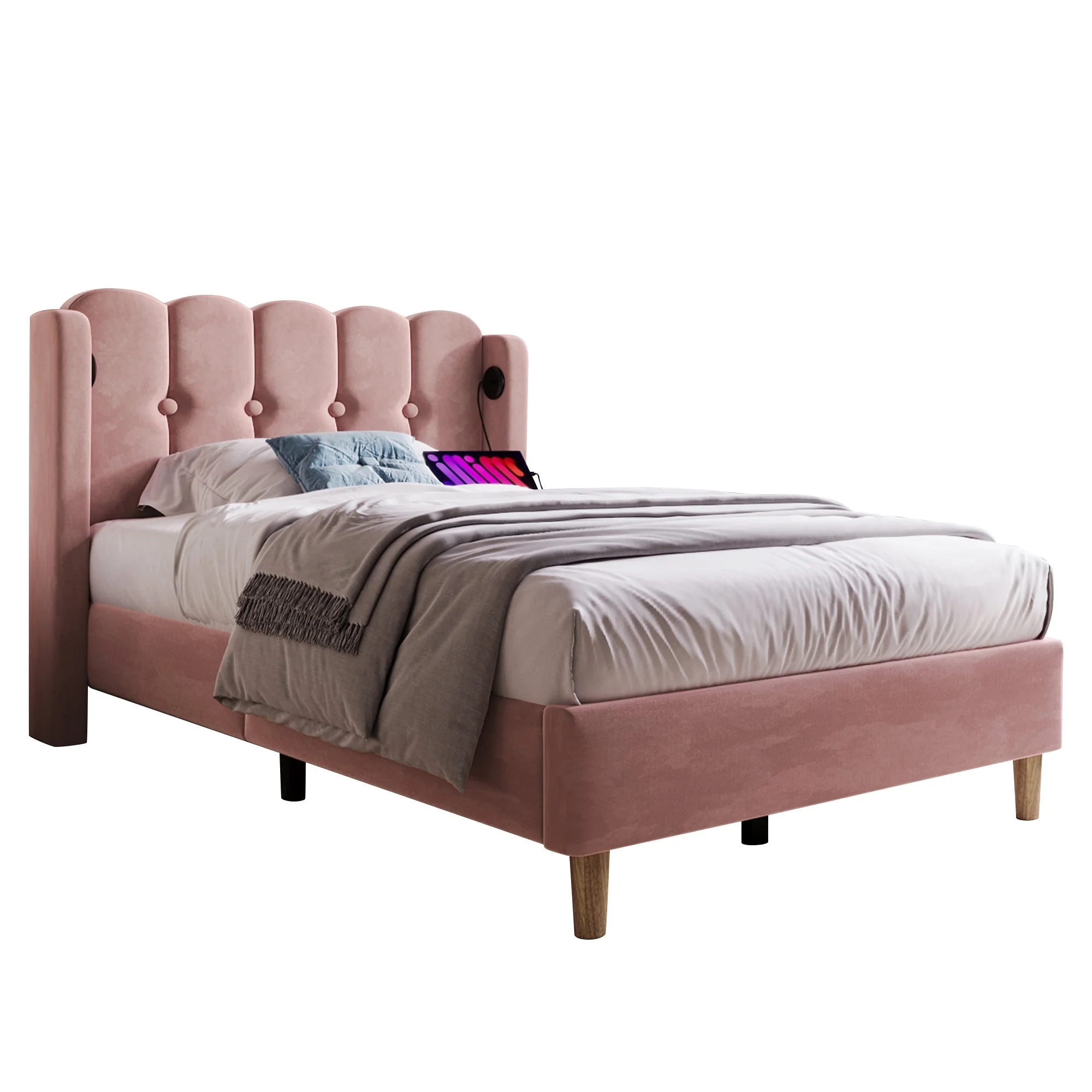 Upholstered Single Bed, 90x200cm, USB-C Charging, Pink Velvet - Image 6