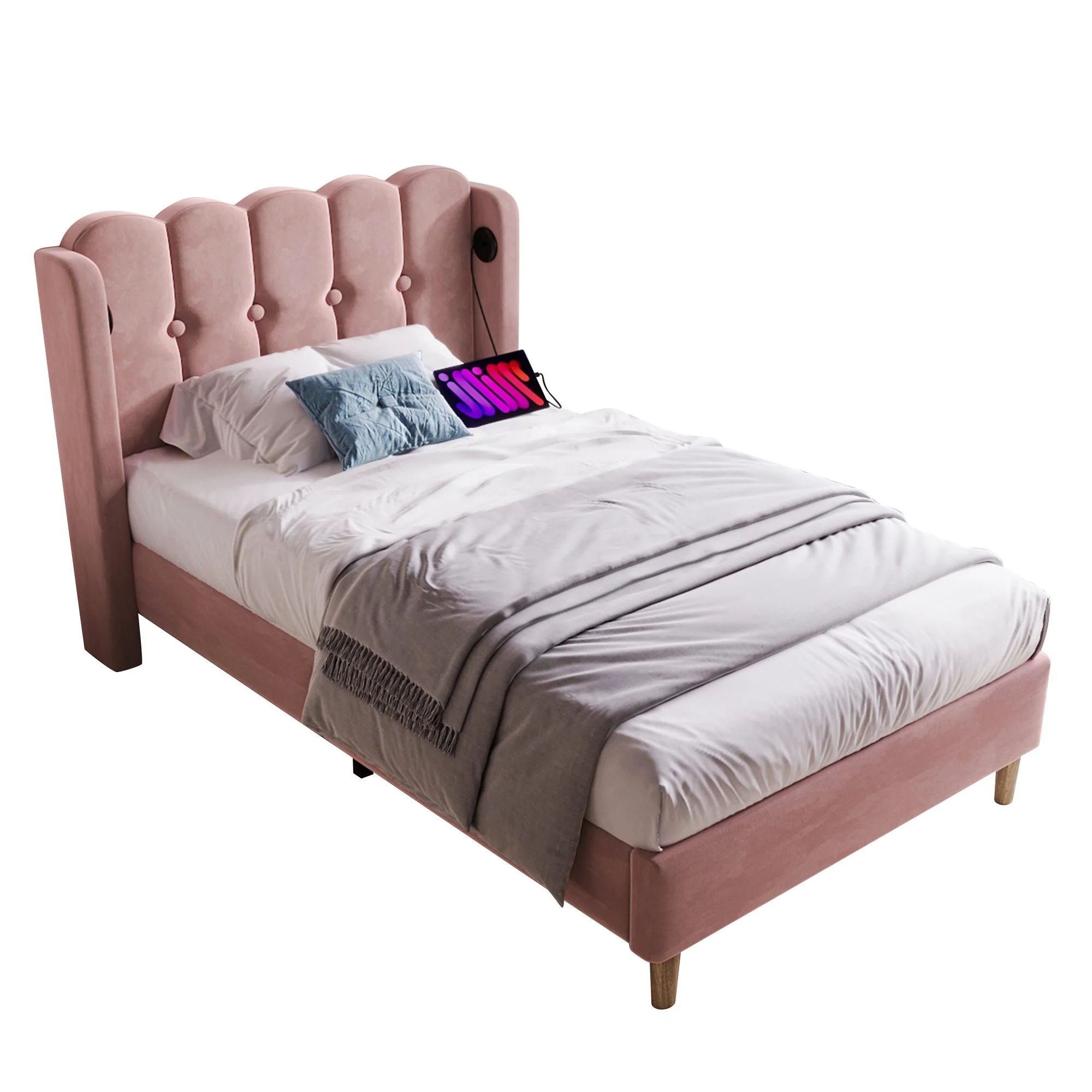 Upholstered Single Bed, 90x200cm, USB-C Charging, Pink Velvet - Image 7
