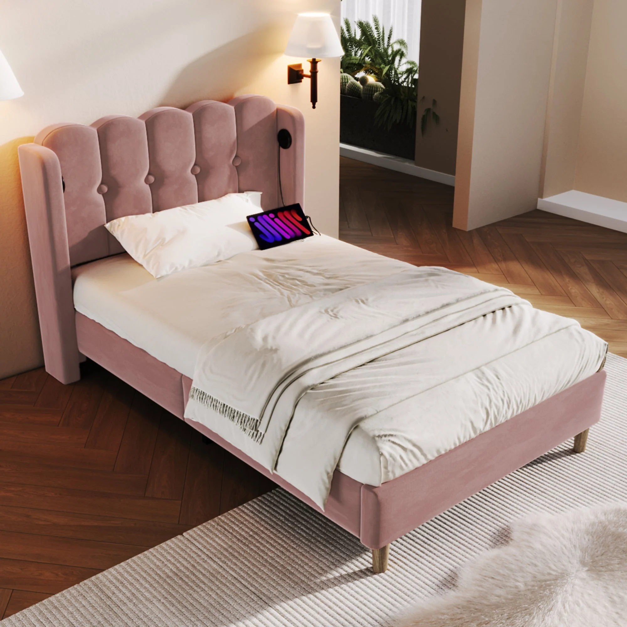 Upholstered Single Bed, 90x200cm, USB-C Charging, Pink Velvet - Image 8