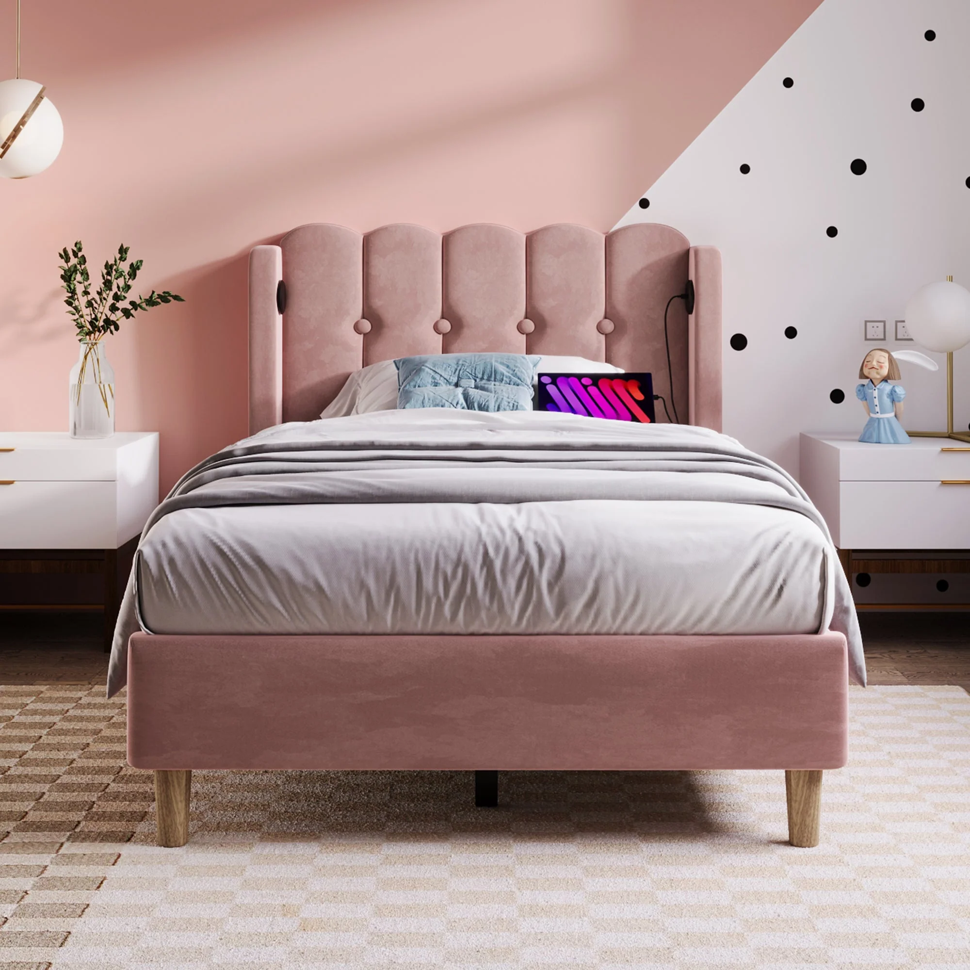 Upholstered Single Bed, 90x200cm, USB-C Charging, Pink Velvet - Image 9