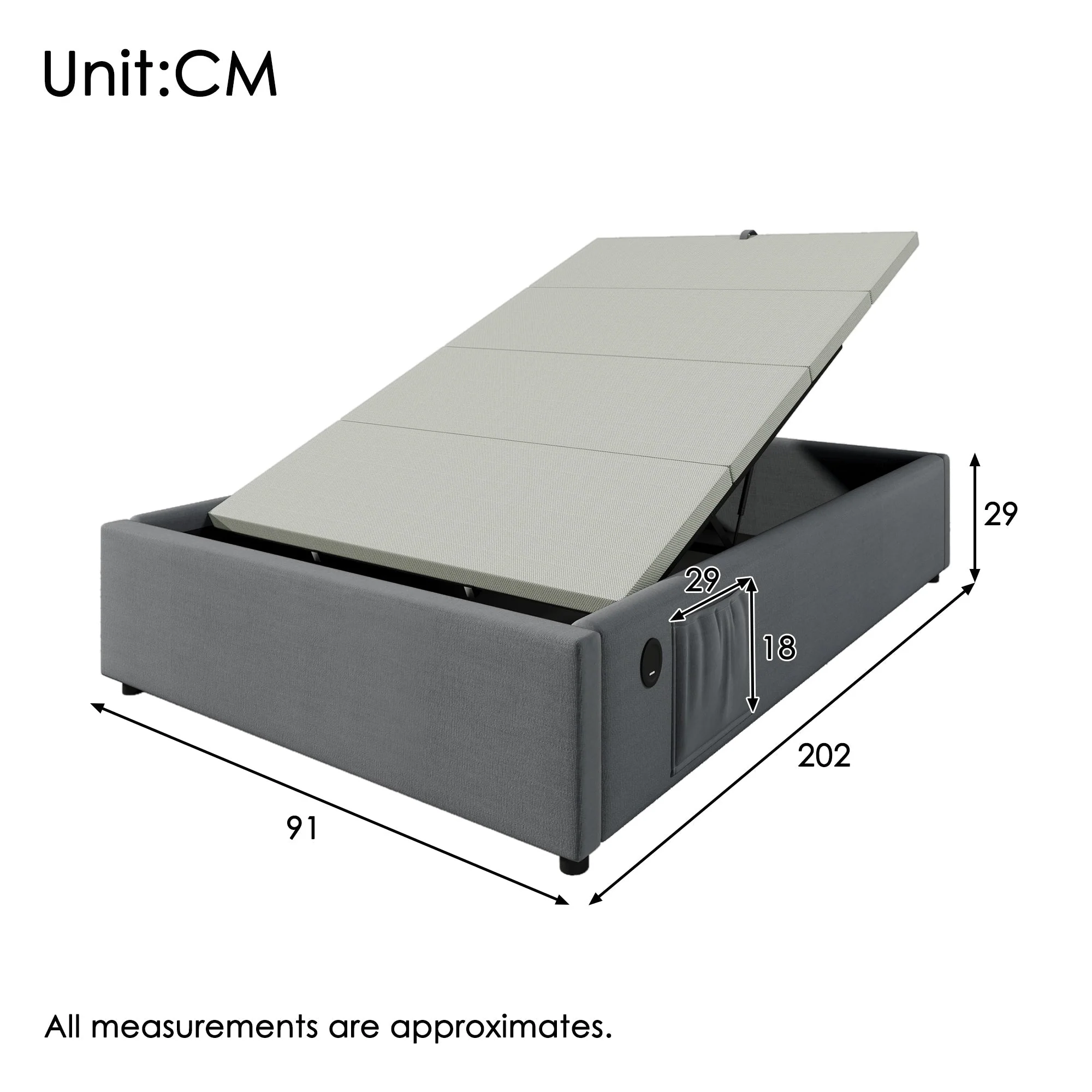 Upholstered Single Bed, 90x200cm USB-C Slatted Frame, Cotton Grey - Image 2