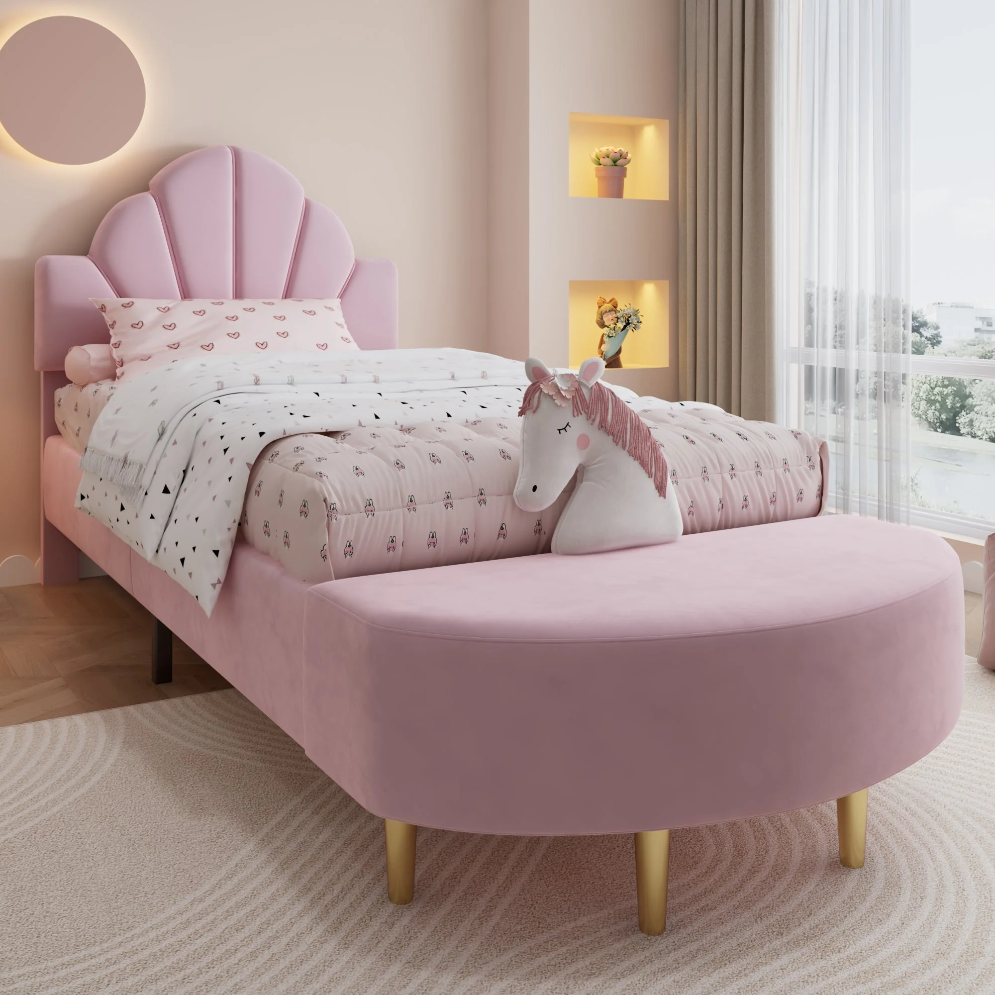 Upholstered Single Bed 90x200cm Velvet Headboard Matching Bench - Pink Velvet - Image 2