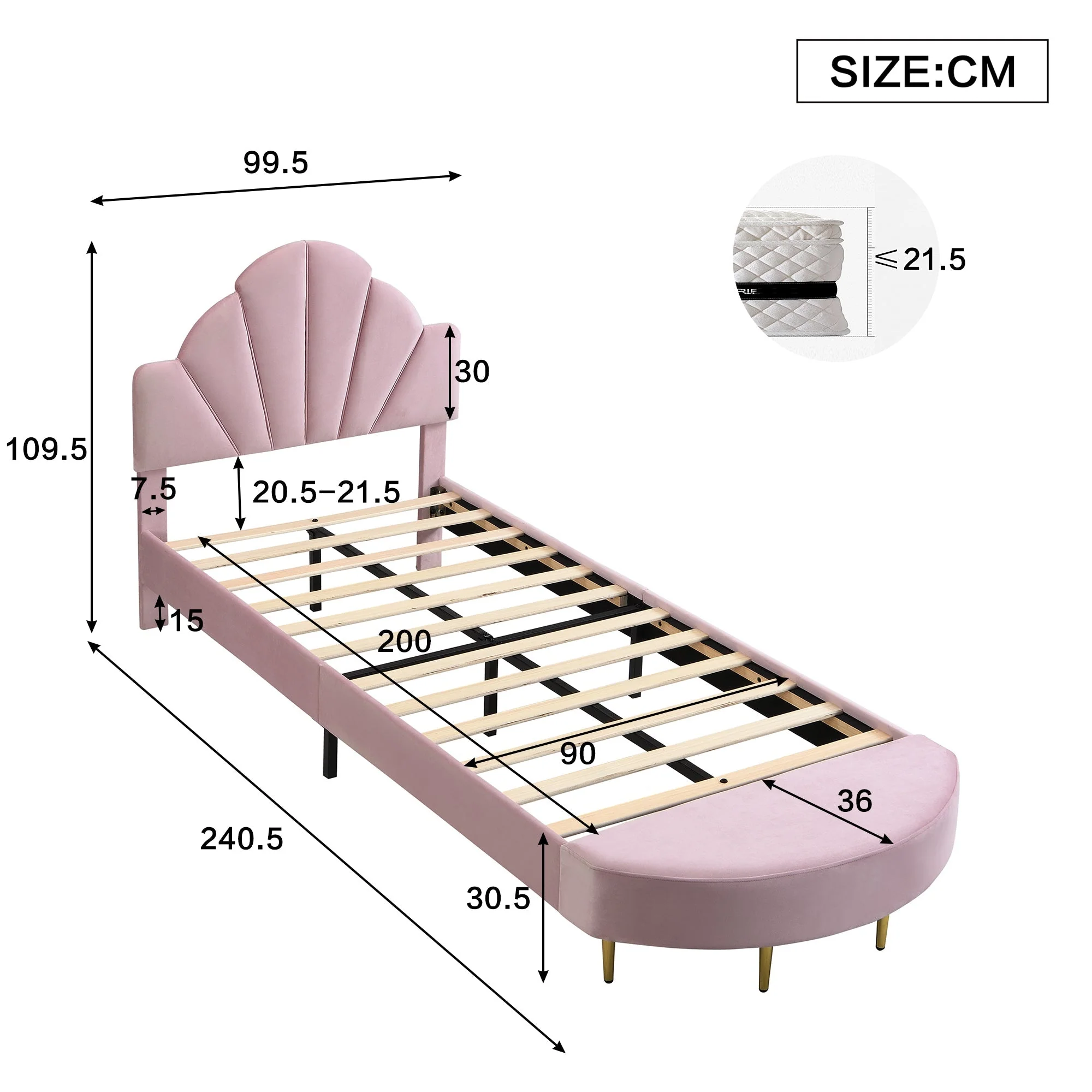 Upholstered Single Bed 90x200cm Velvet Headboard Matching Bench - Pink Velvet - Image 4