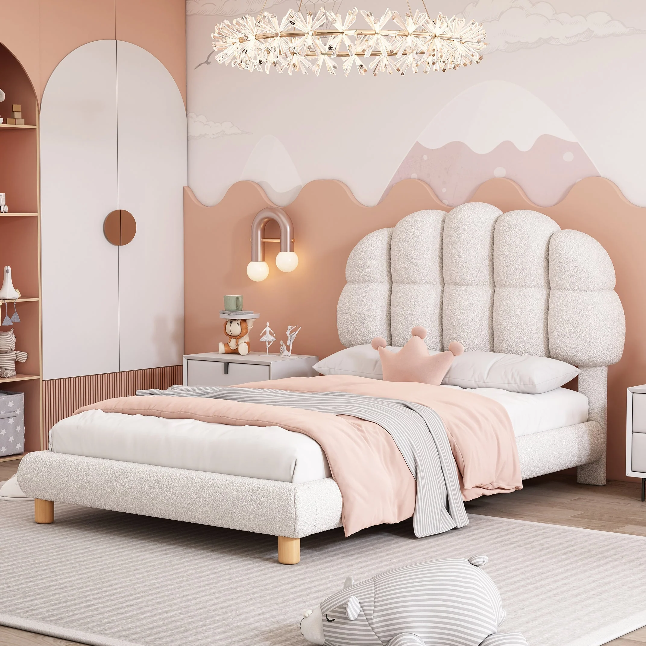 Upholstered Single Bed 90x200cm Wooden Slatted Frame Imitation Fleece White - Image 3