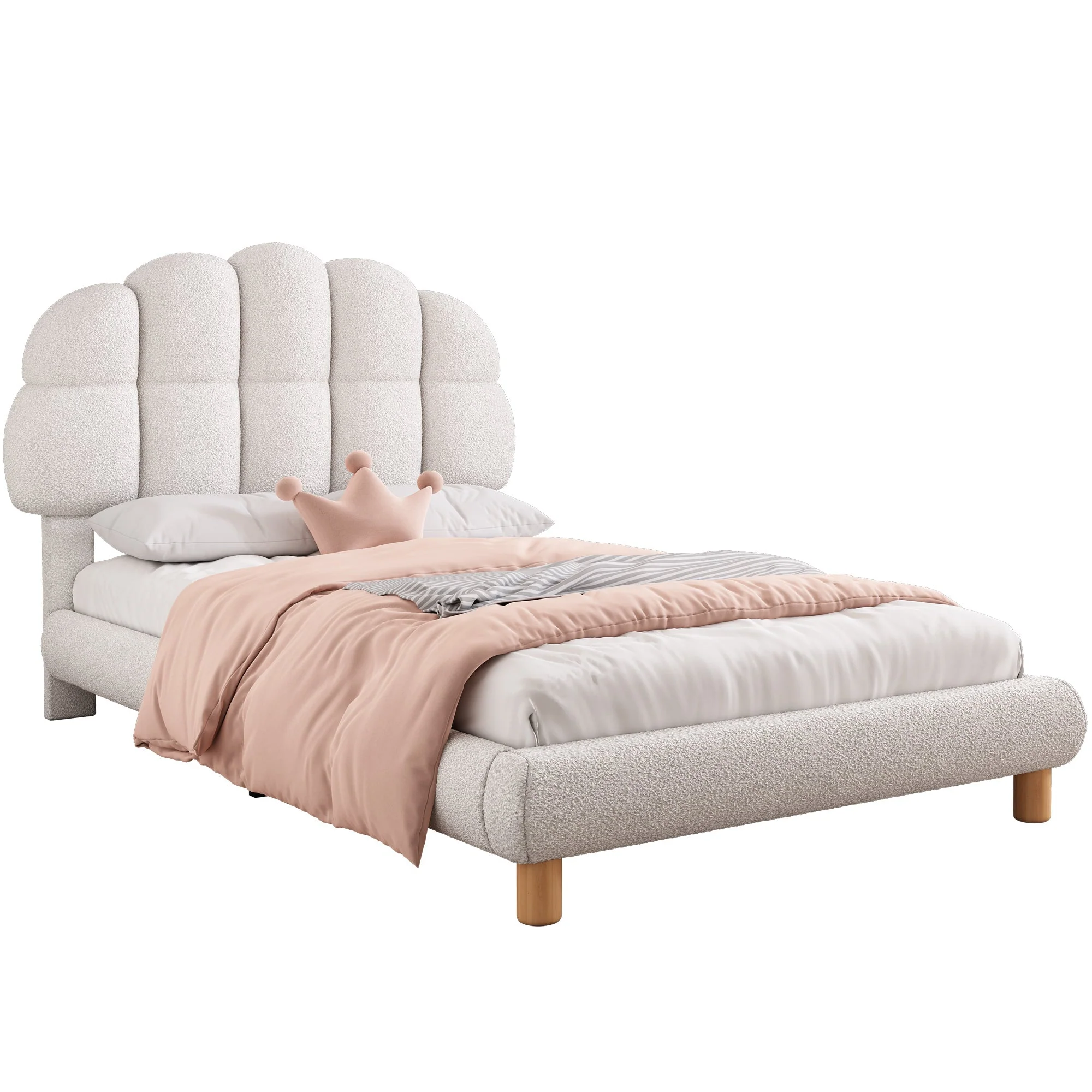 Upholstered Single Bed 90x200cm Wooden Slatted Frame Imitation Fleece White - Image 4