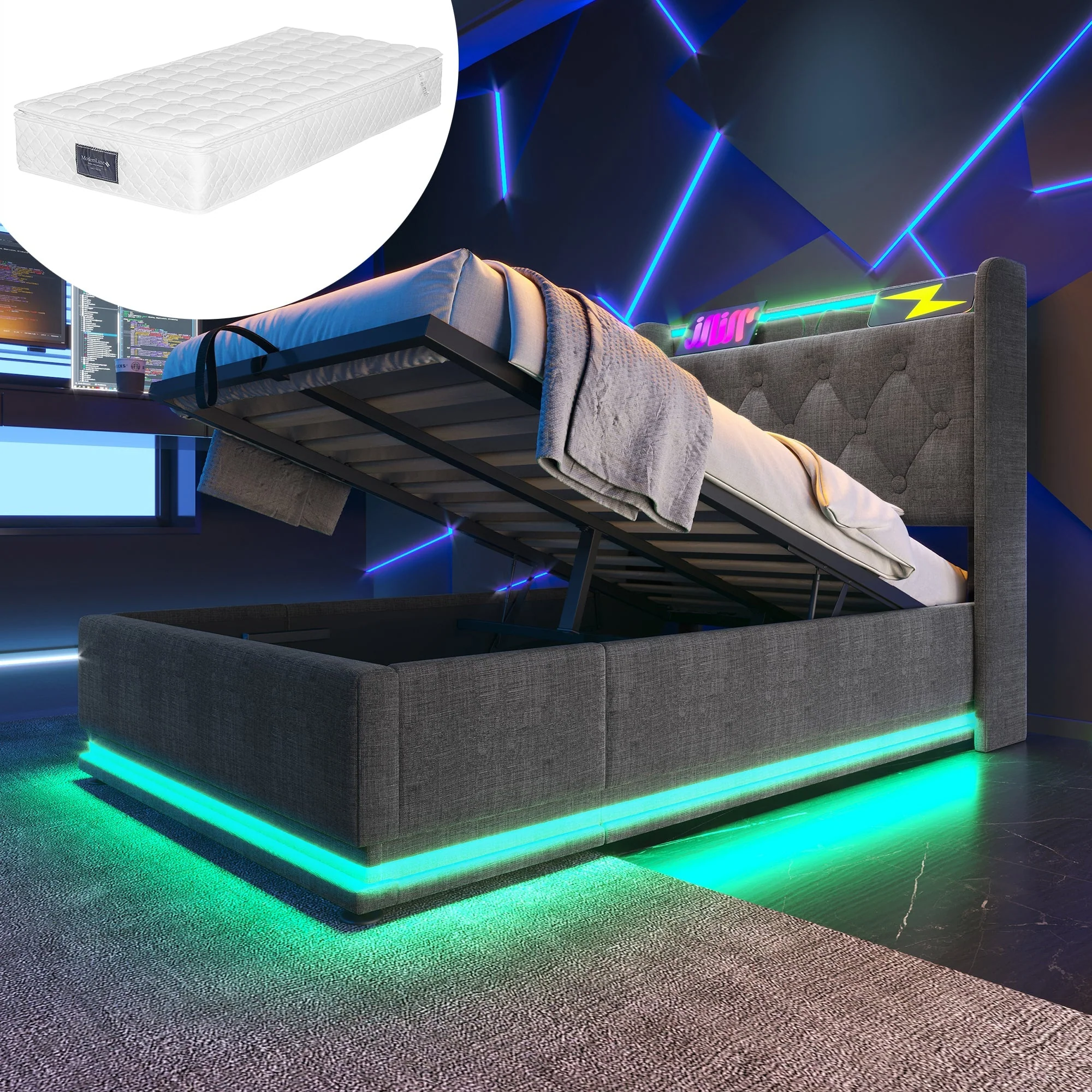 Upholstered Single Bed, Hydraulic Storage LED USB-C Headboard 90x200 cm, Grey Linen