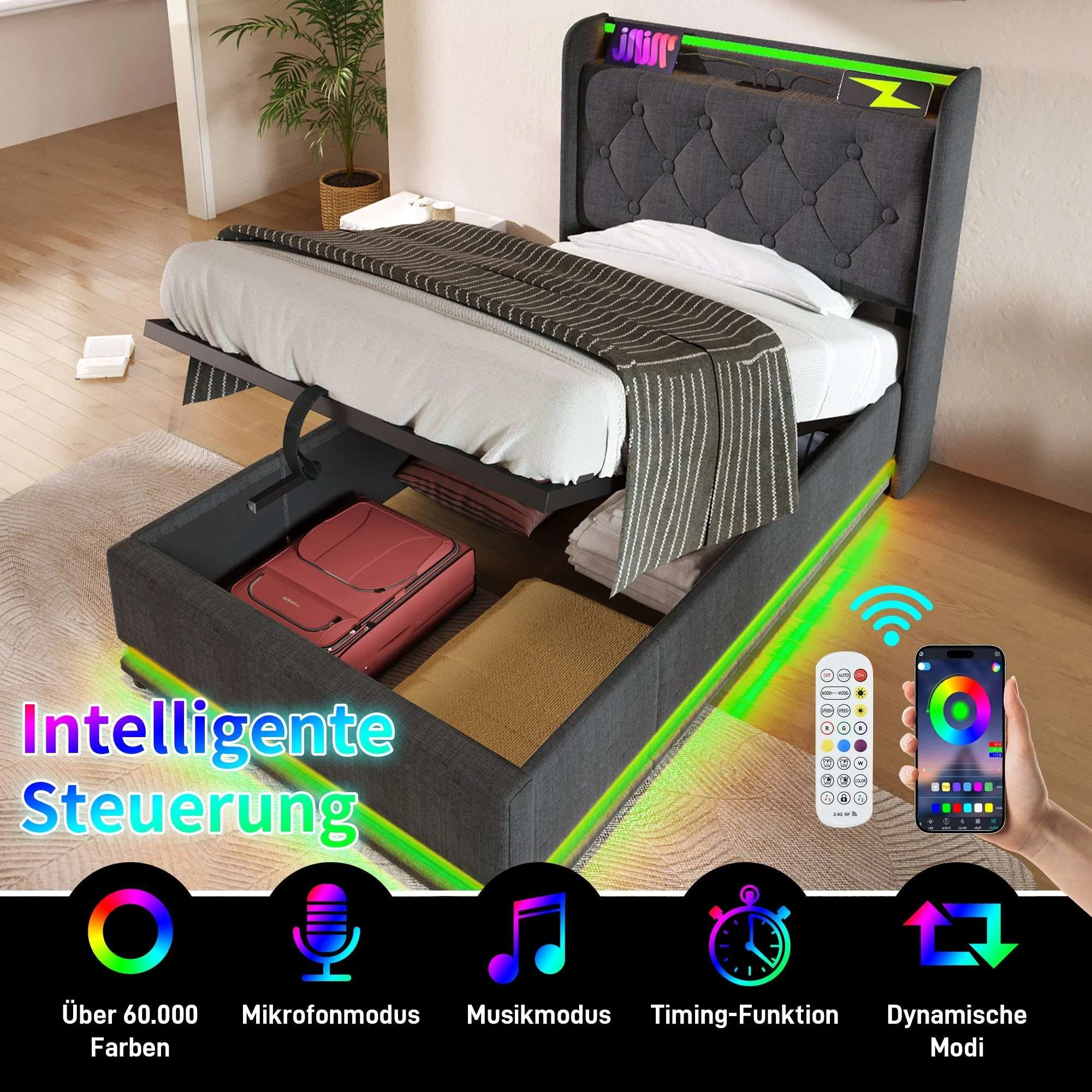 Upholstered Single Bed, Hydraulic Storage LED USB-C Headboard 90x200 cm, Grey Linen - Image 6