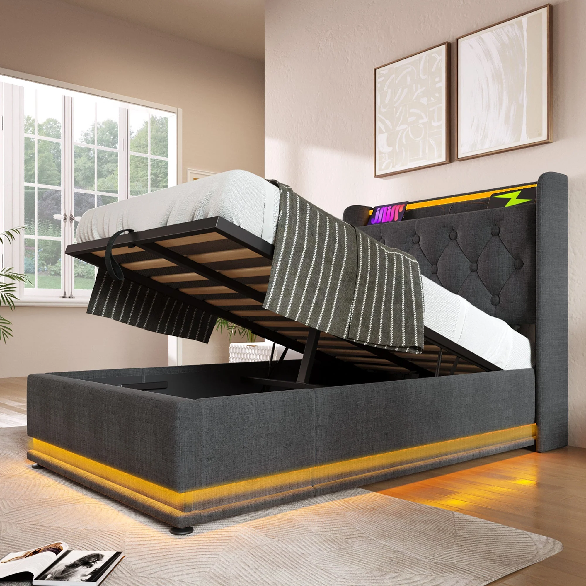 Upholstered Single Bed, Hydraulic Storage LED USB-C Headboard 90x200 cm, Grey Linen - Image 8