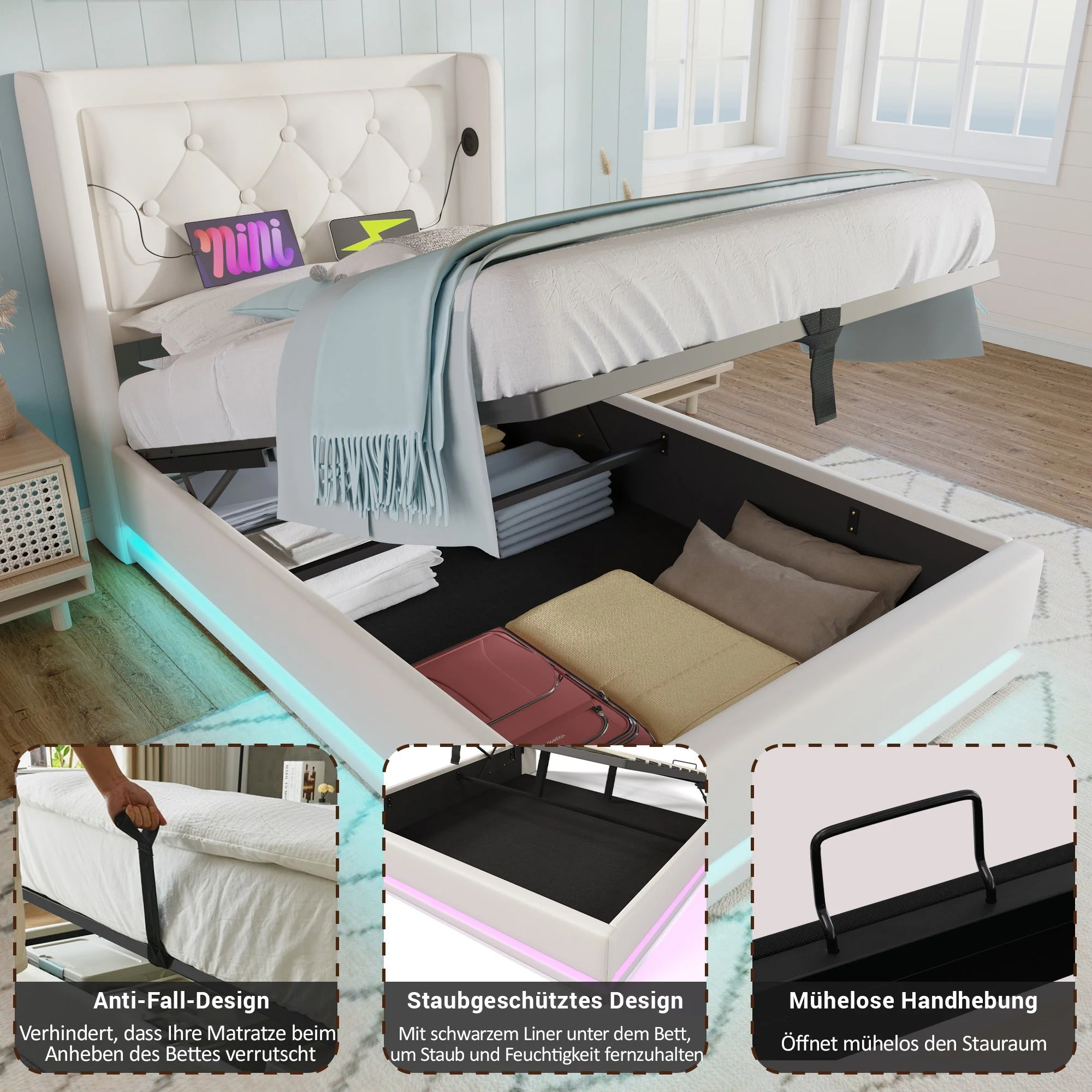 Upholstered Single Bed, Hydraulic Storage with USB & LED, White PU - Image 6