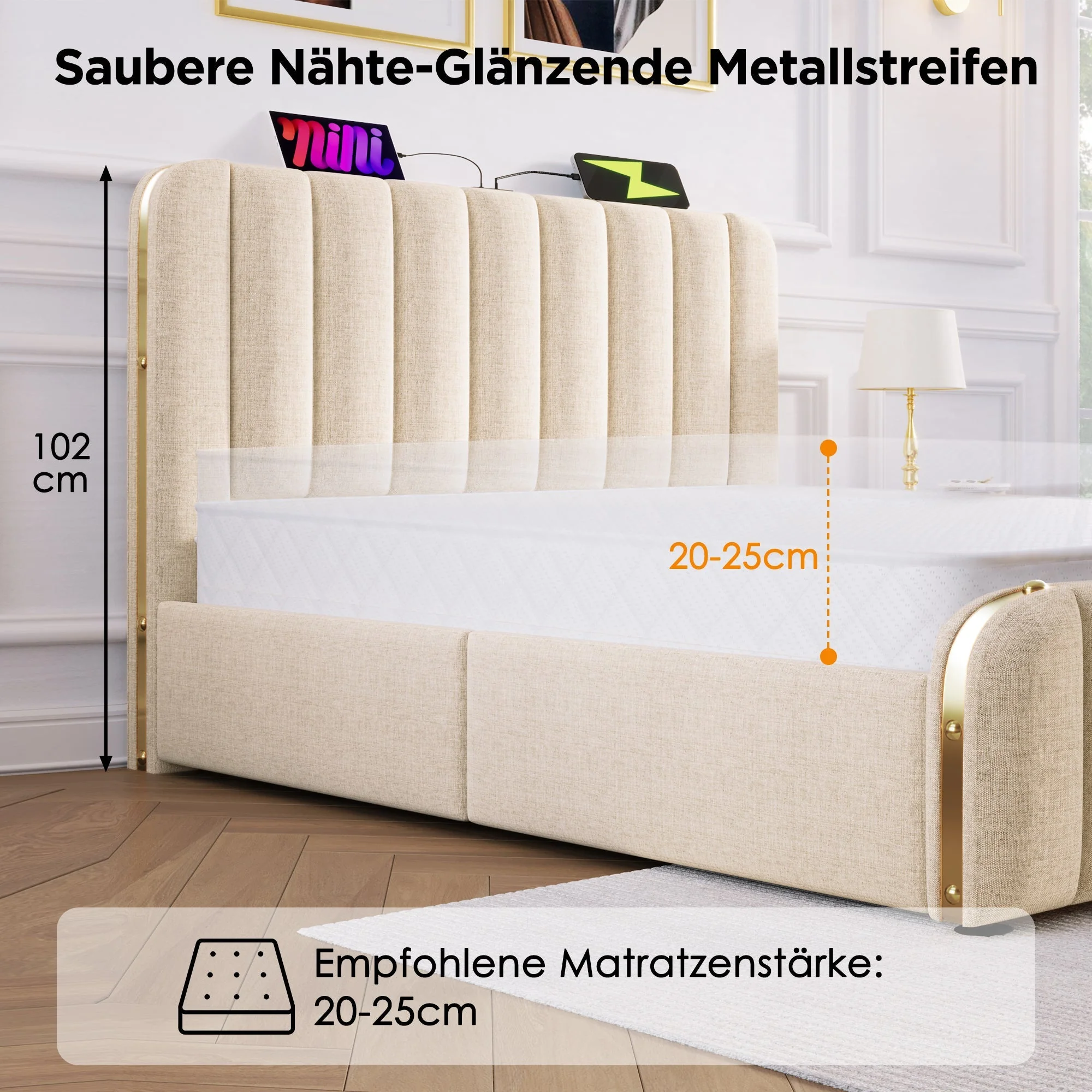 Upholstered Single Bed, Hydraulic Storage with USB Type-C, Beige Linen - Image 5