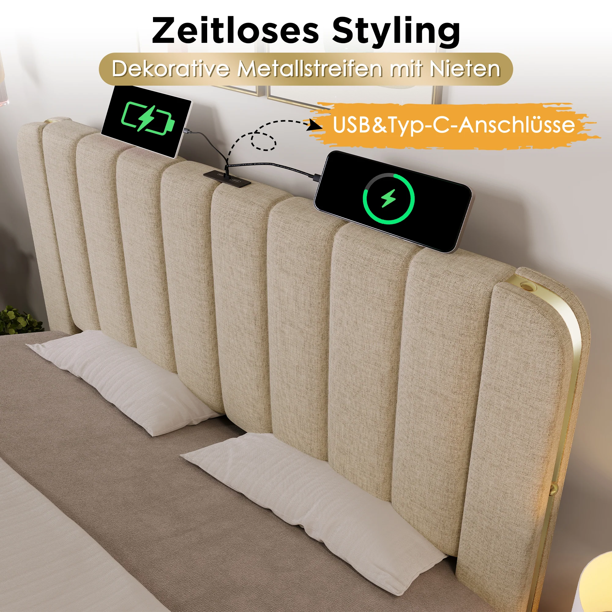 Upholstered Single Bed, Hydraulic Storage with USB Type-C, Beige Linen - Image 7