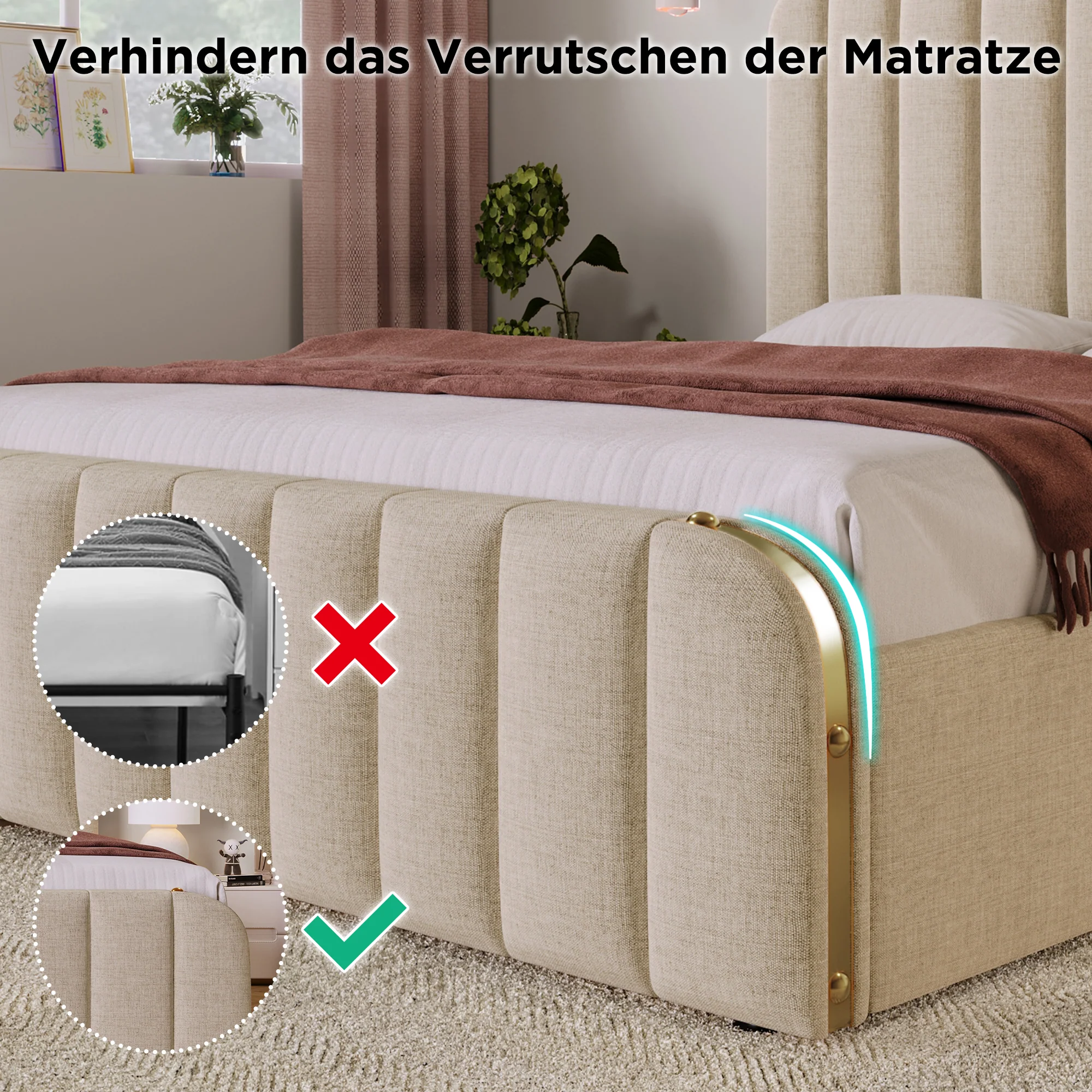 Upholstered Single Bed, Hydraulic Storage with USB Type-C, Beige Linen - Image 8