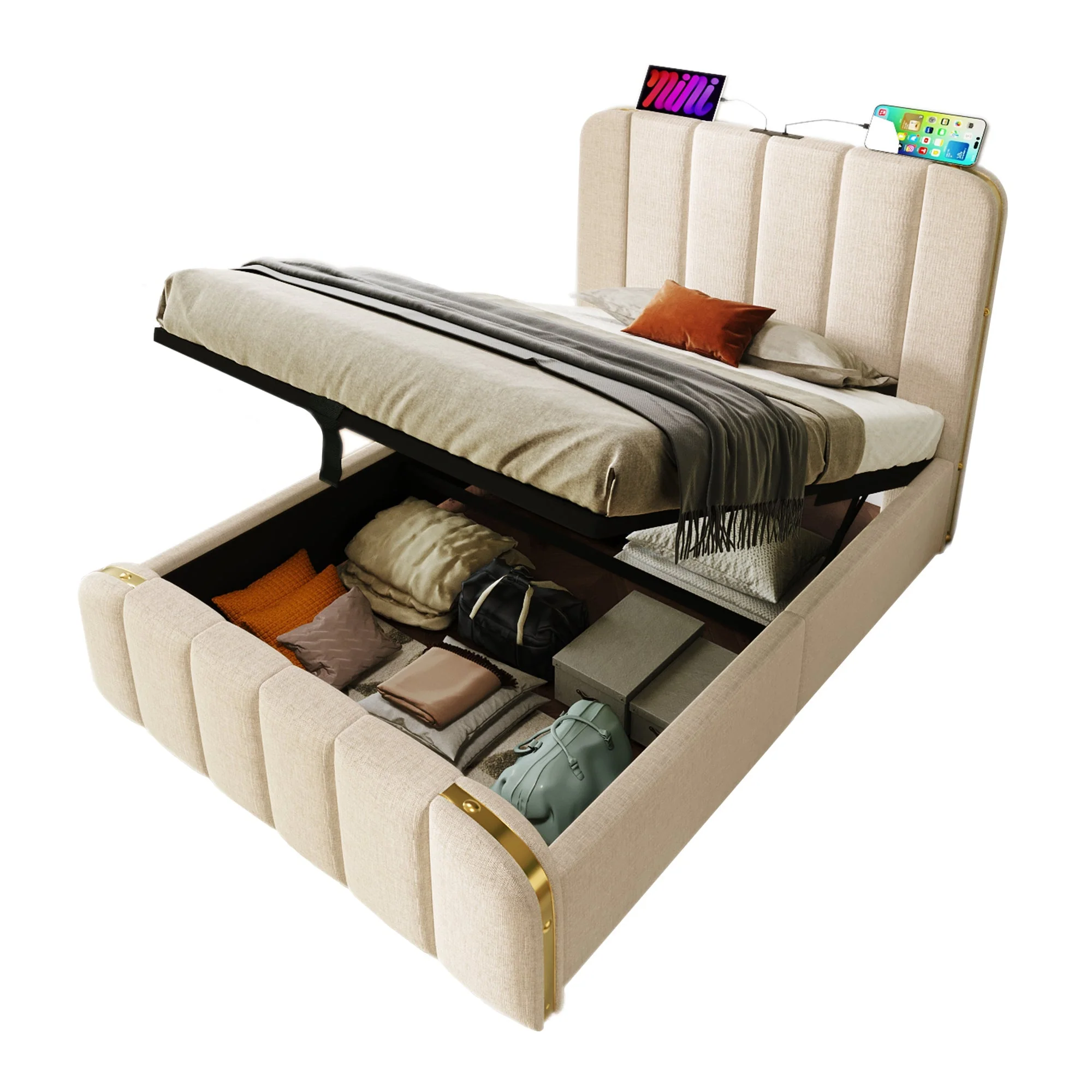 Upholstered Single Bed, Hydraulic Storage with USB Type-C, Beige Linen - Image 9