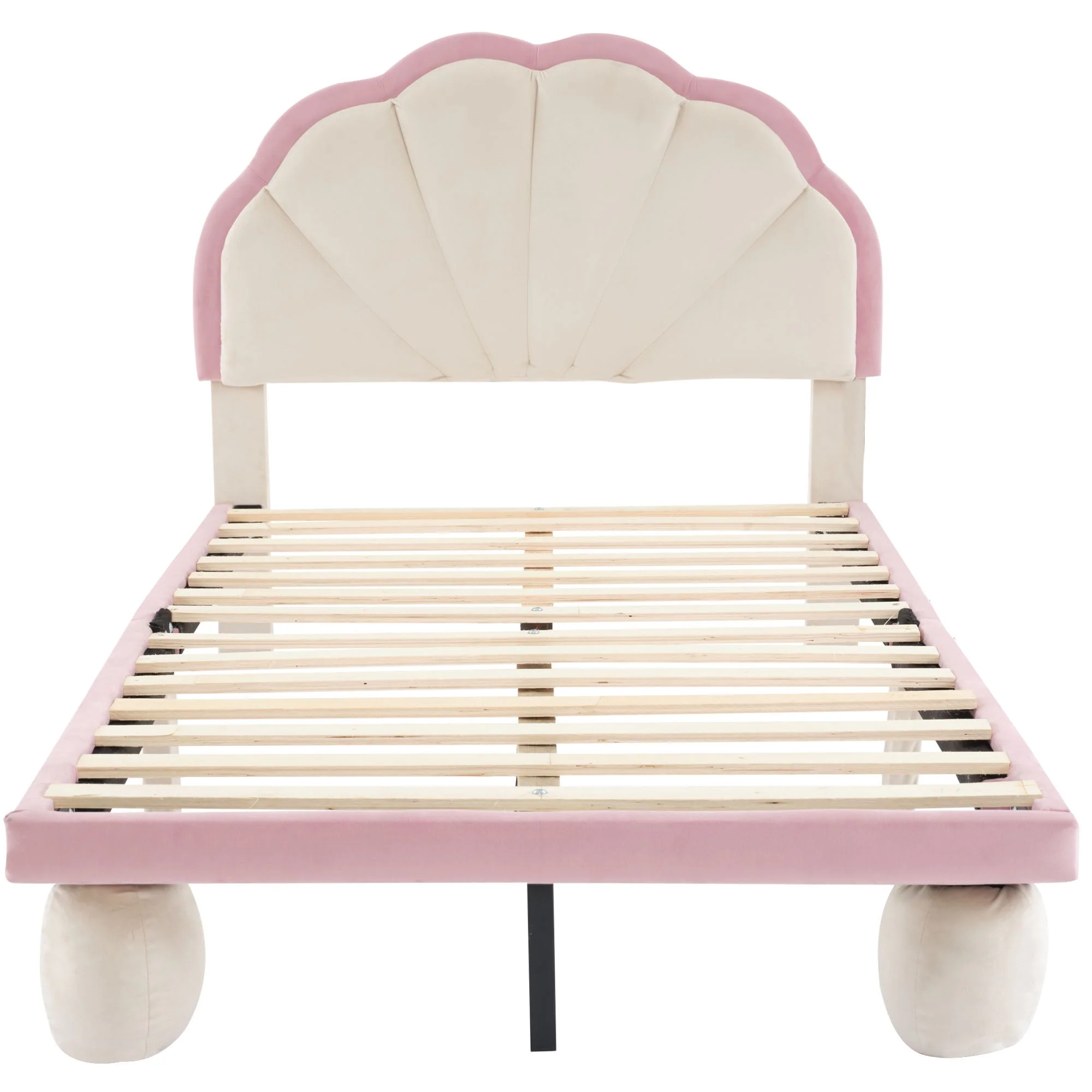 Upholstered Single Bed LED Lights Wave Headboard 90x200cm, Velvet Beige+Pink - Image 6