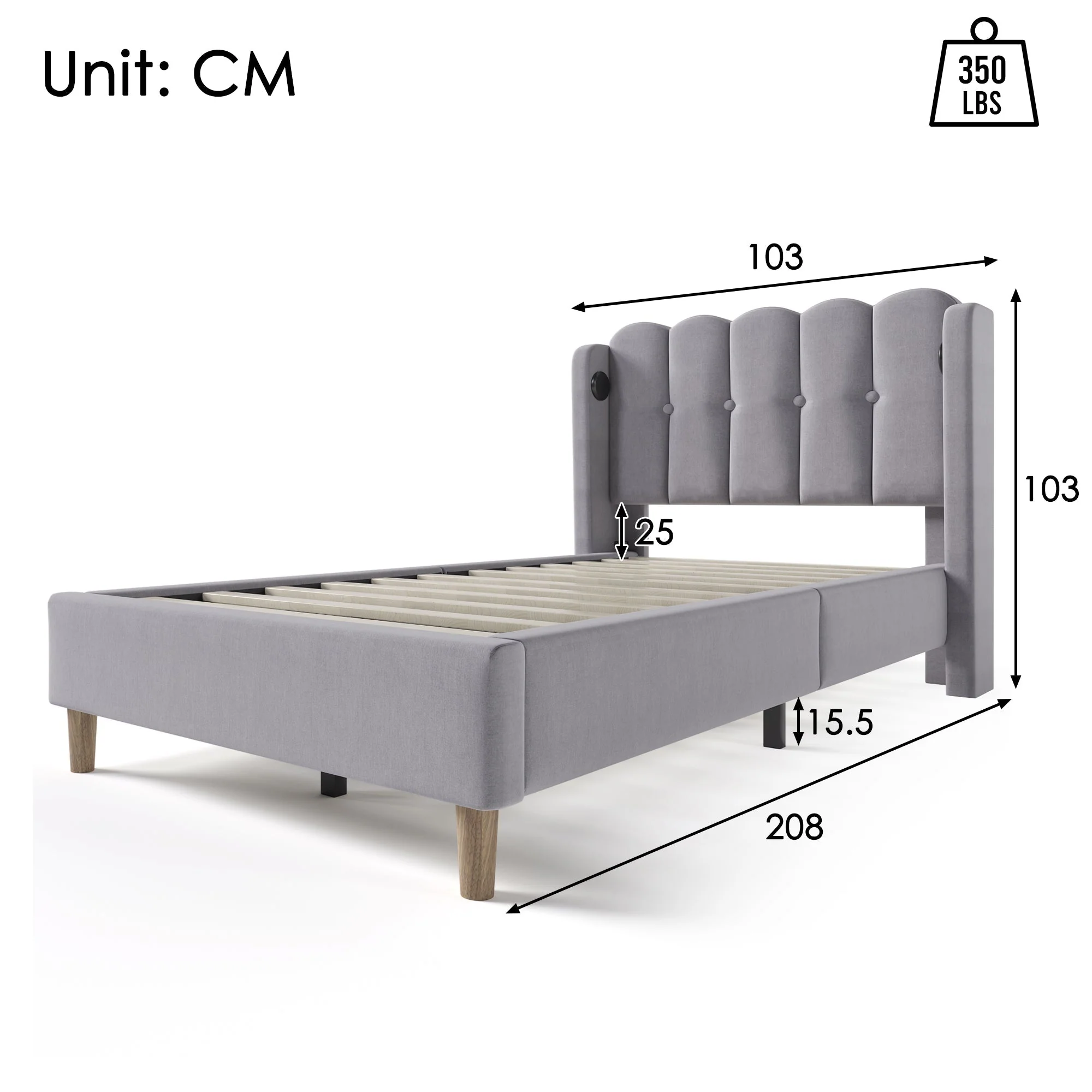 Upholstered Single Bed, USB Type C Charging, Slatted Frame, Gray Linen - Image 2