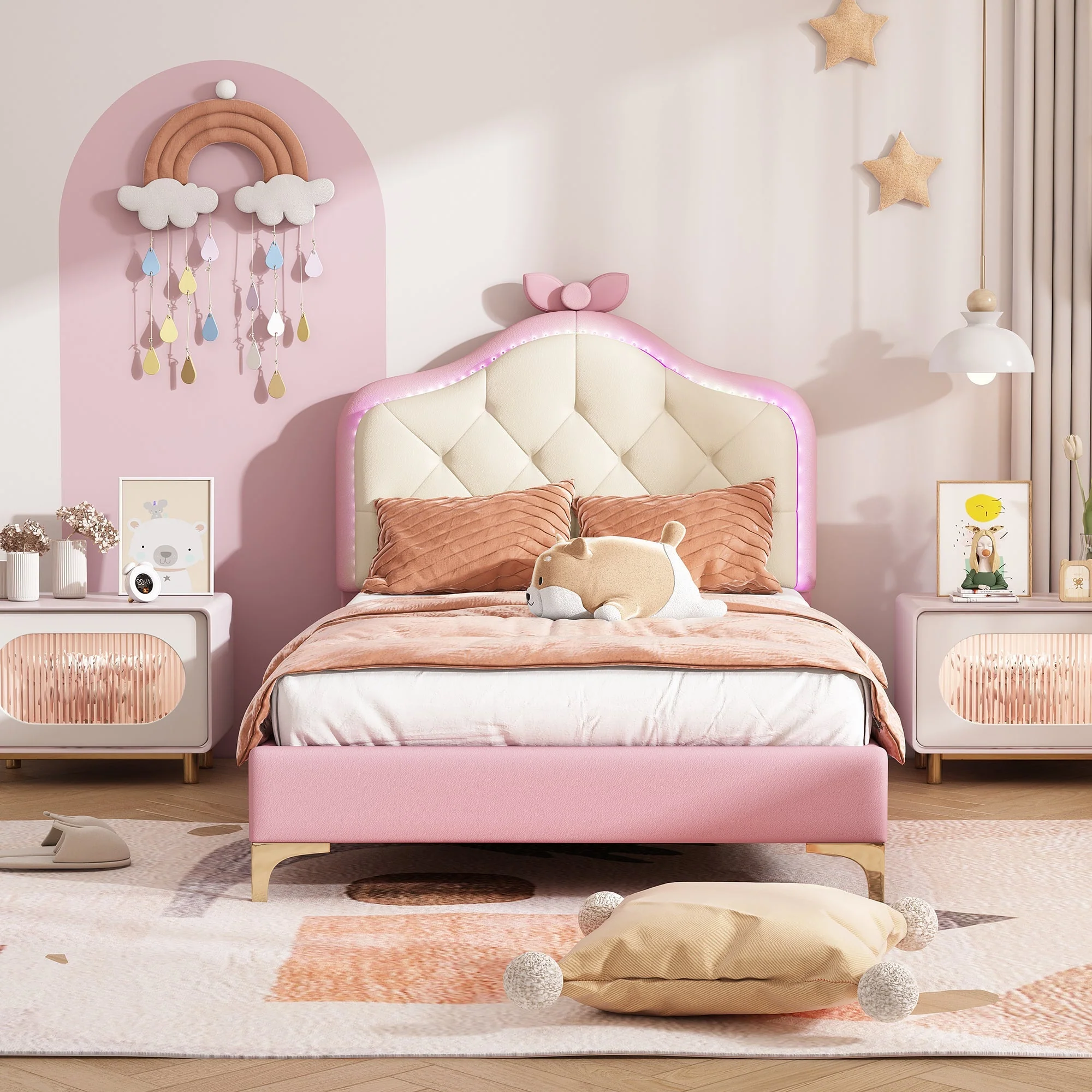 Upholstered Single Bed, Wave Headboard LED Strips 90x200cm, Pink PU