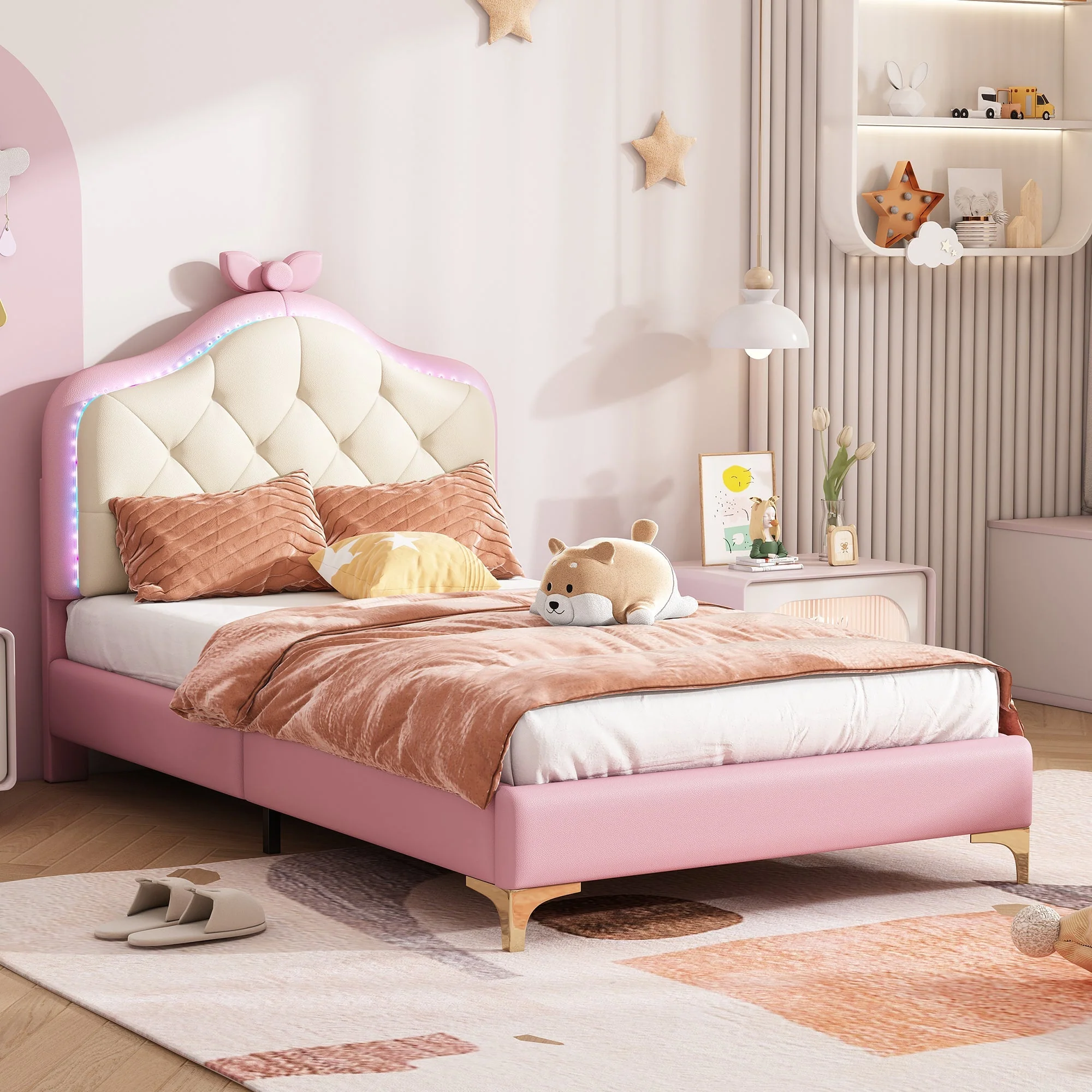 Upholstered Single Bed, Wave Headboard LED Strips 90x200cm, Pink PU - Image 3