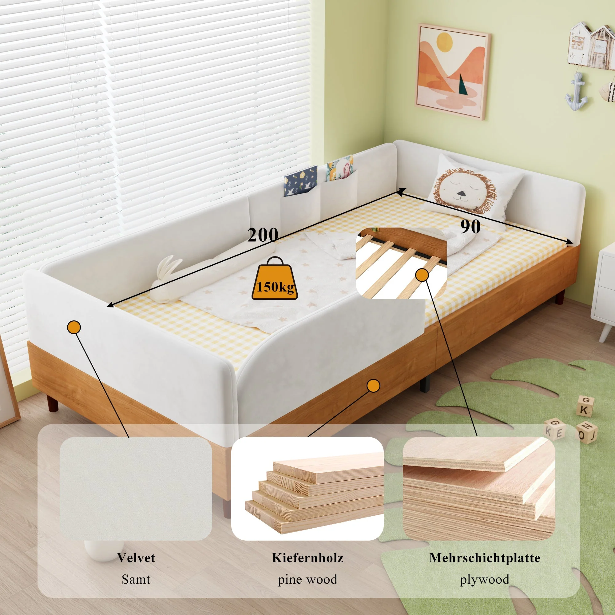 Upholstered Single Bed with 2 Storage Pockets and Anti-Collision Edge, 90x200cm, White Velvet and Wood - Image 6