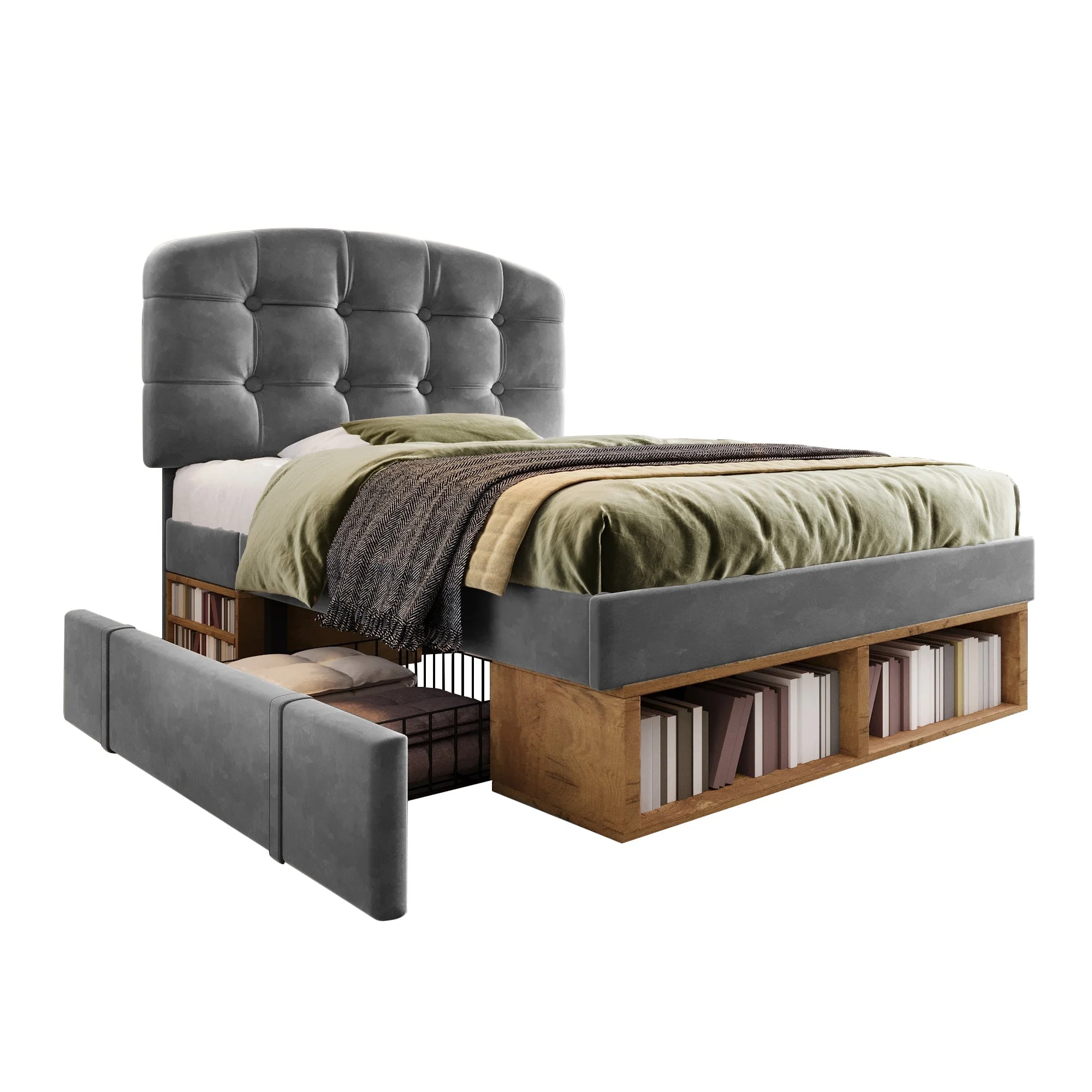 Upholstered Single Bed with Adjustable Headboard, Drawers and Storage, 90x200cm, Grey Velvet - Image 6