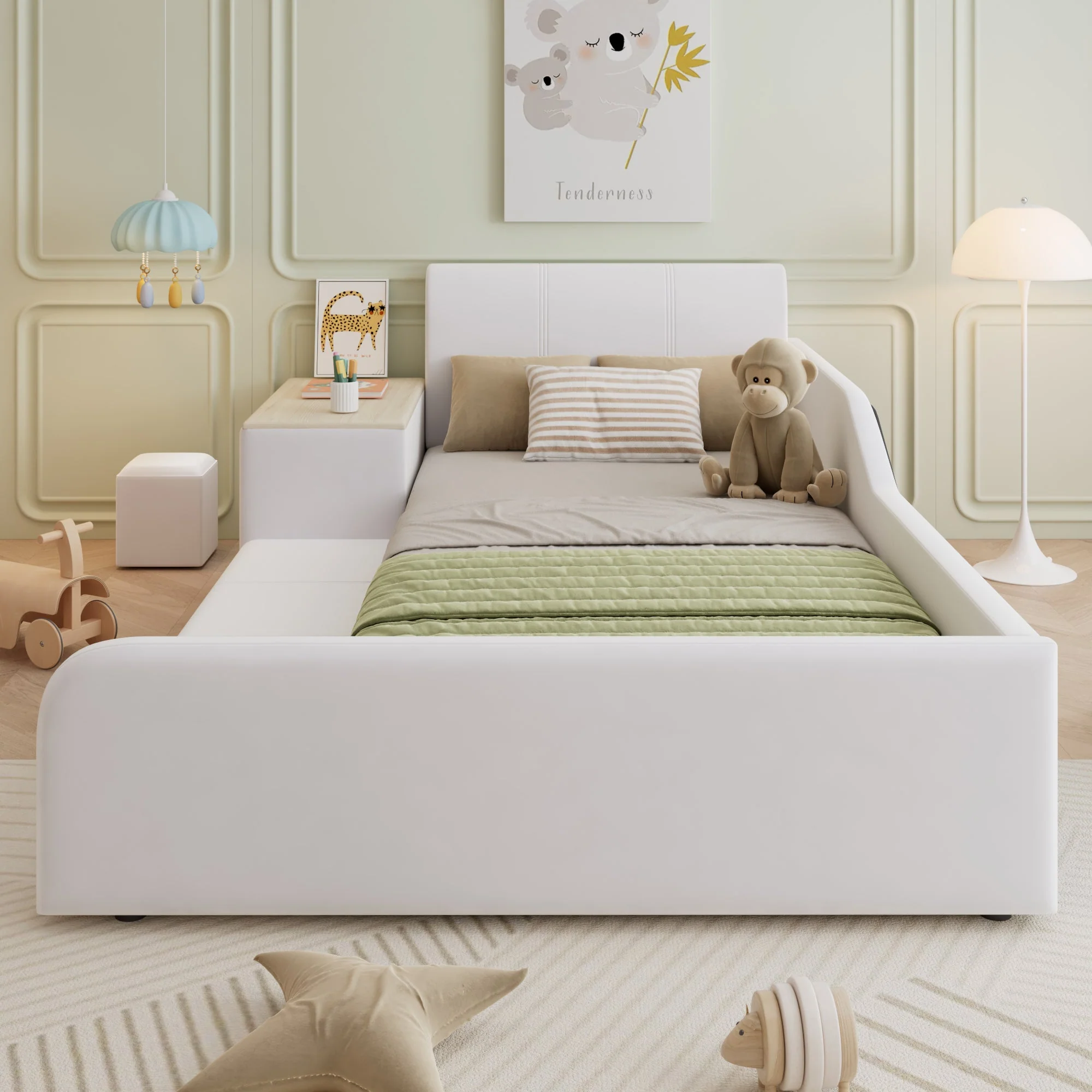 Upholstered Single Bed with Desk, Stool and Storage, 90x200cm, White Velvet - Image 5
