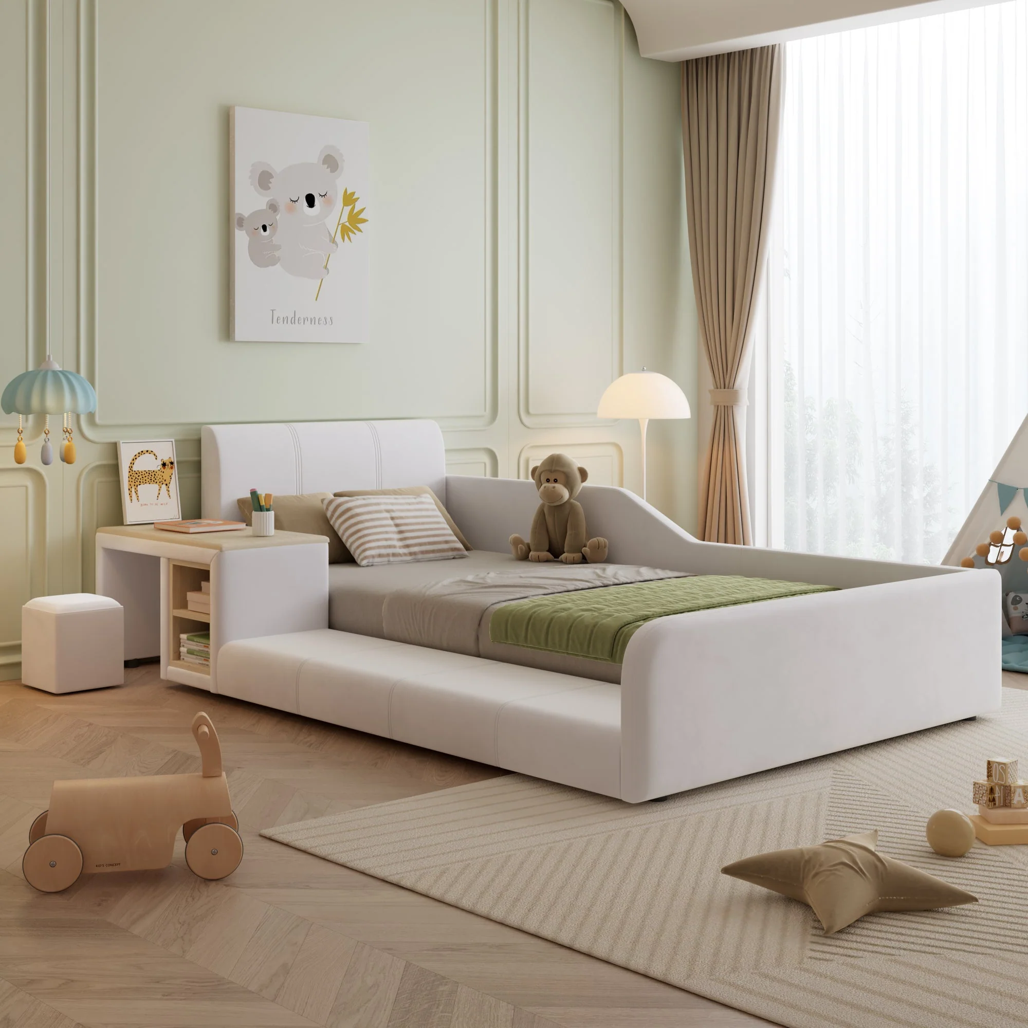 Upholstered Single Bed with Desk, Stool and Storage, 90x200cm, White Velvet - Image 6