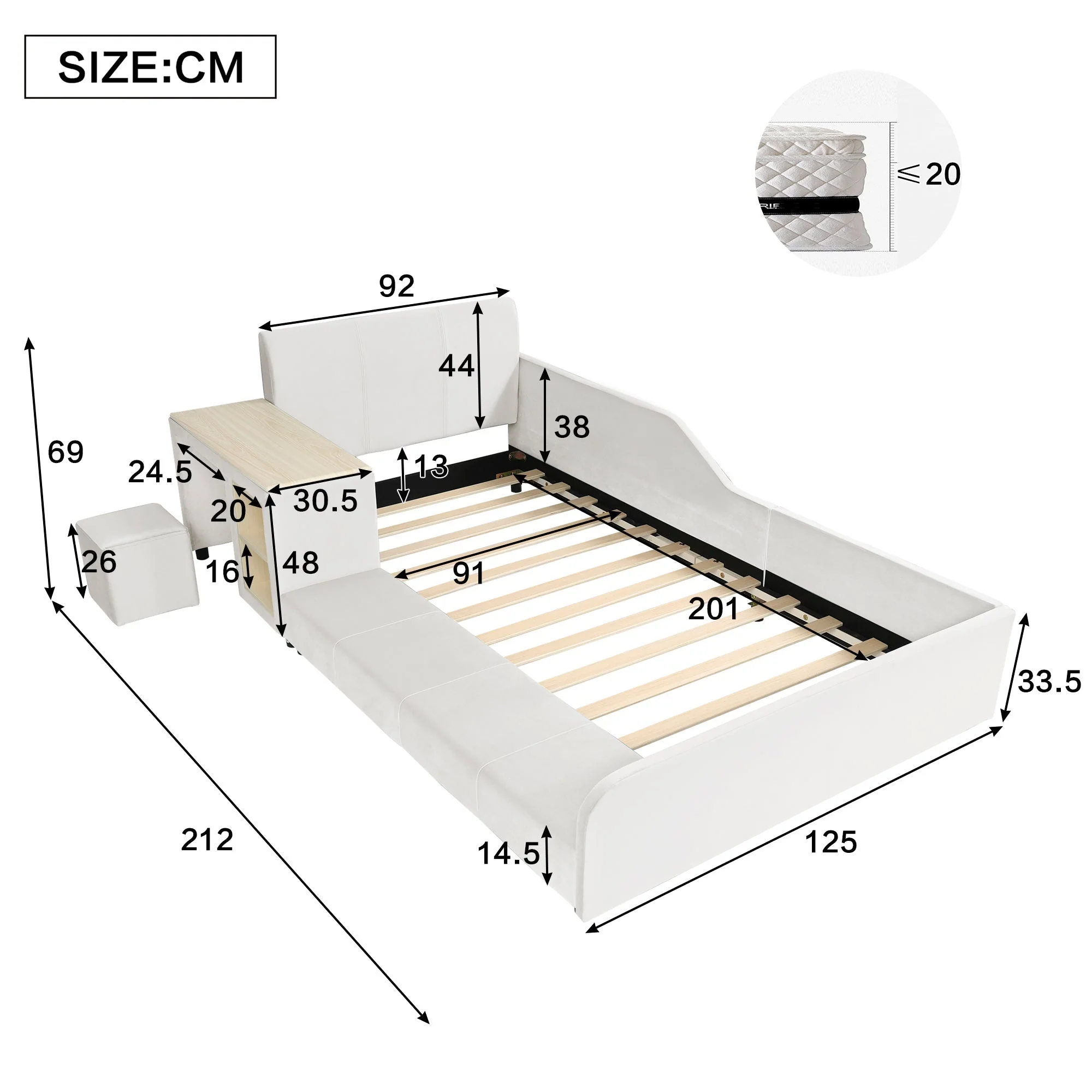 Upholstered Single Bed with Desk, Stool and Storage, 90x200cm, White Velvet - Image 7