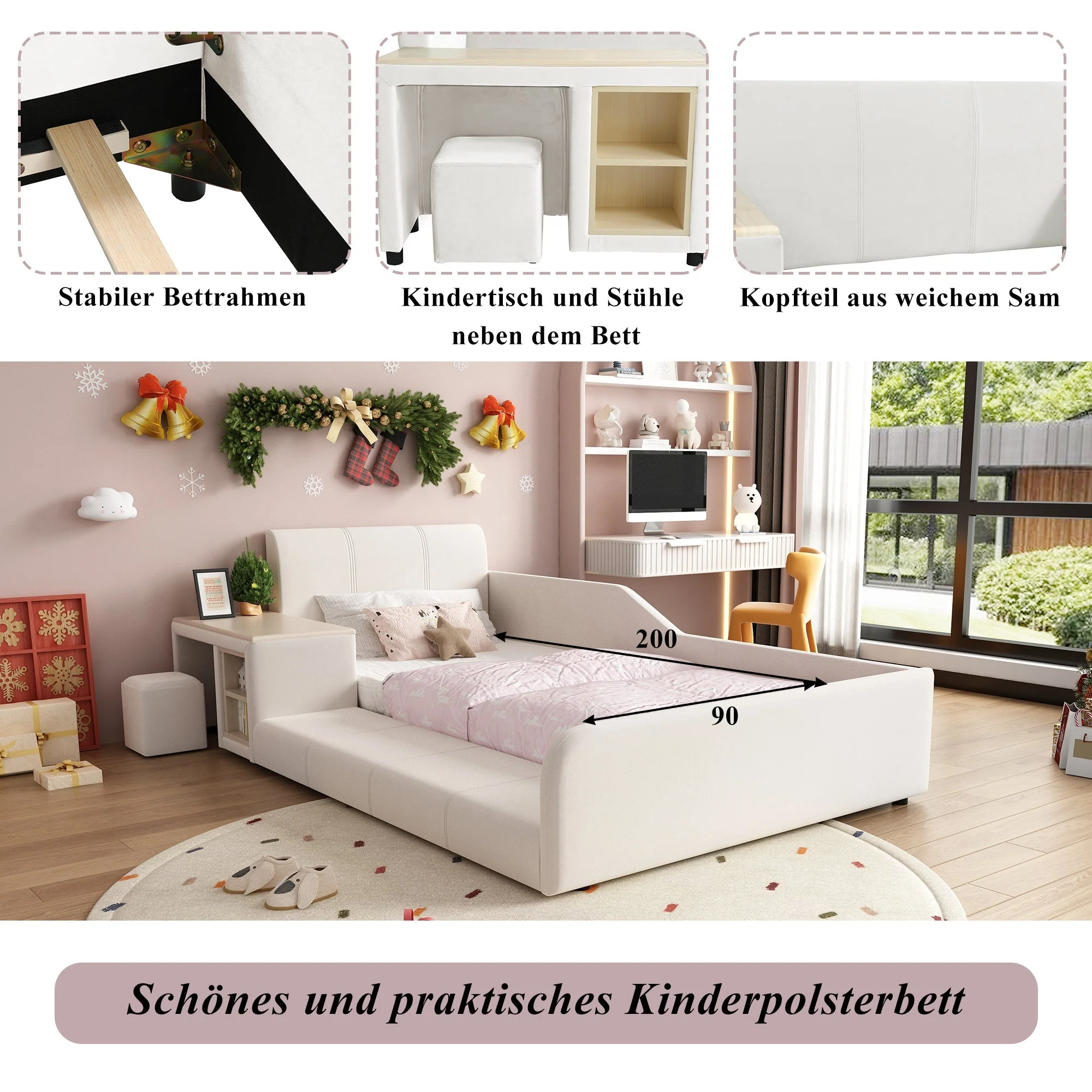 Upholstered Single Bed with Desk, Stool and Storage, 90x200cm, White Velvet - Image 9