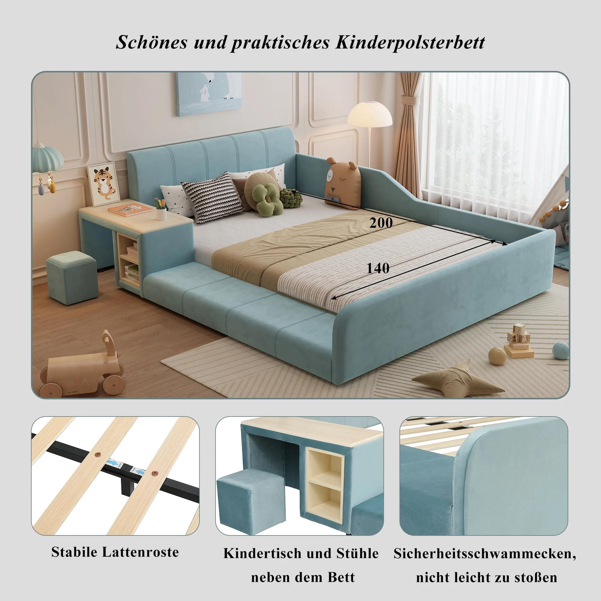 Upholstered Single Bed with Desk, Stool, Storage Shelf, Soft Headboard, 140x200cm, Velvet Blue - Image 5