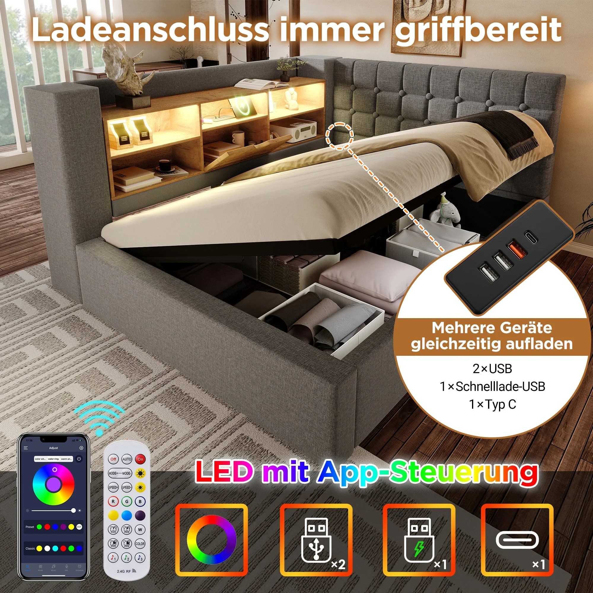 Upholstered Single Bed with LED, Hydraulic Storage and L-Shaped Headboard, 90x190cm, Grey Linen Fabric - Image 3
