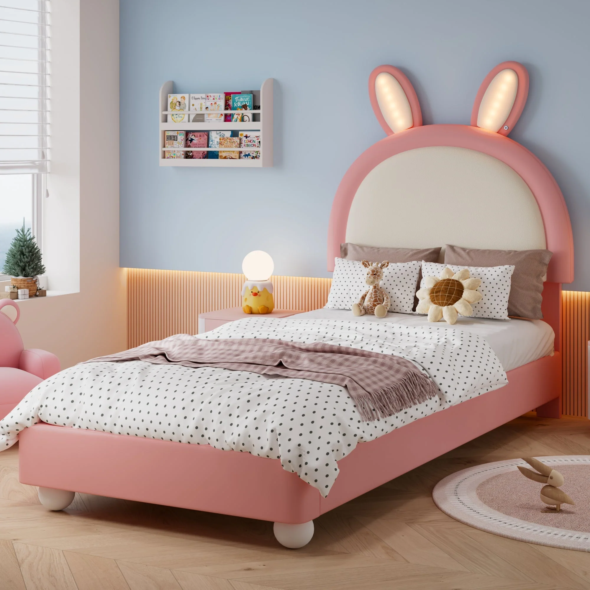 Upholstered Single Bed with Rabbit-Shaped Headboard and LED Light Strip, 90x200cm, Pink and White PU + Plywood - Image 2