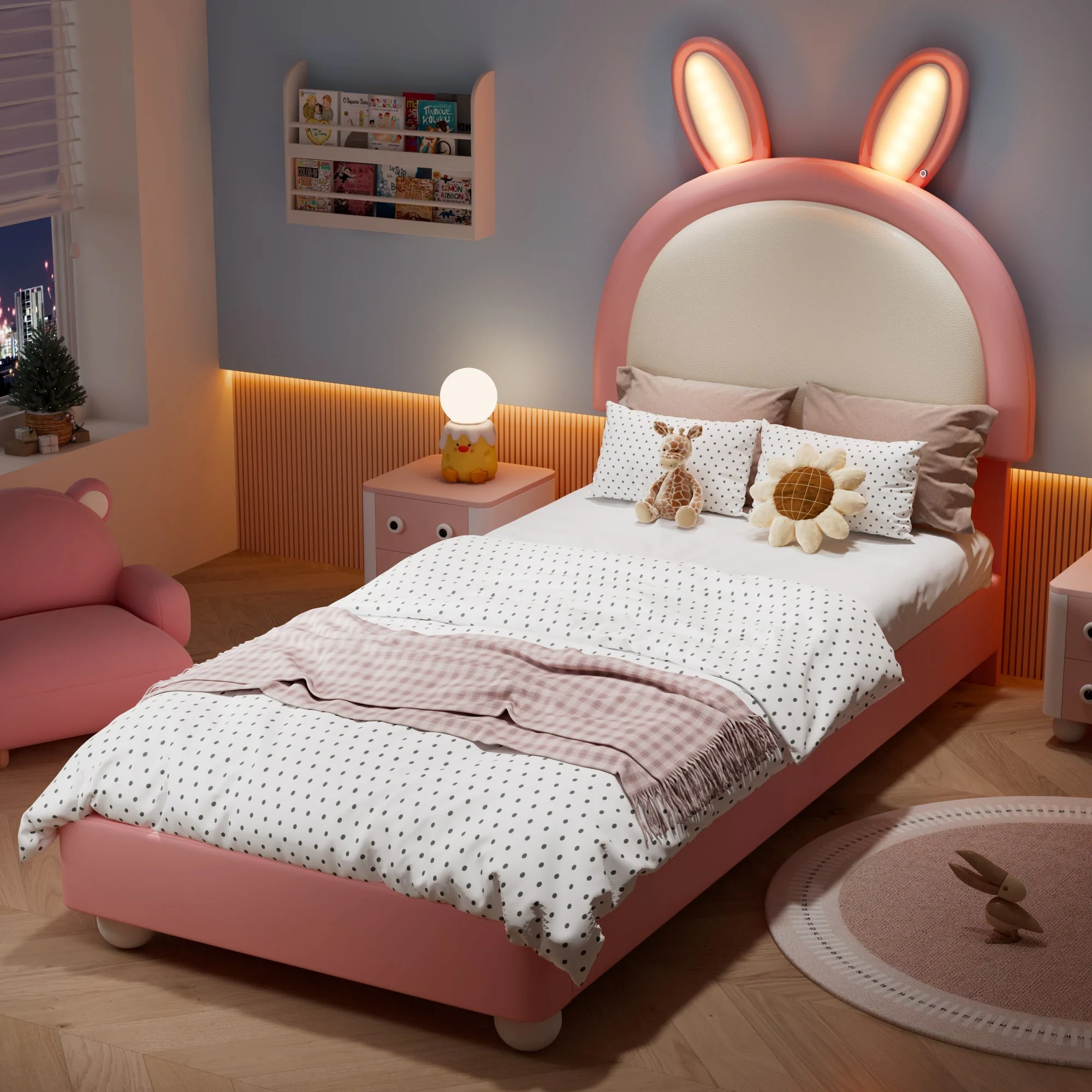 Upholstered Single Bed with Rabbit-Shaped Headboard and LED Light Strip, 90x200cm, Pink and White PU + Plywood - Image 3