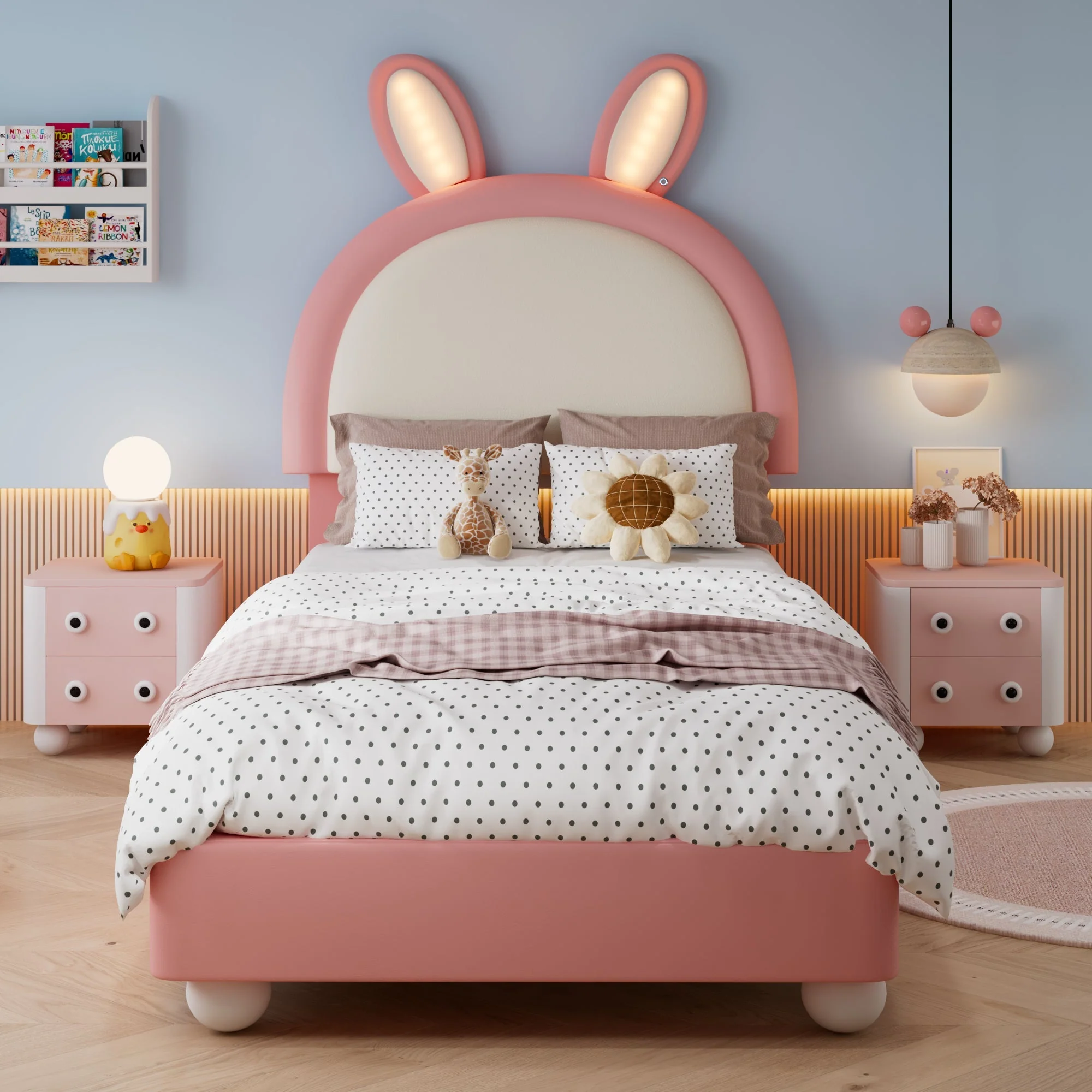 Upholstered Single Bed with Rabbit-Shaped Headboard and LED Light Strip, 90x200cm, Pink and White PU + Plywood - Image 4
