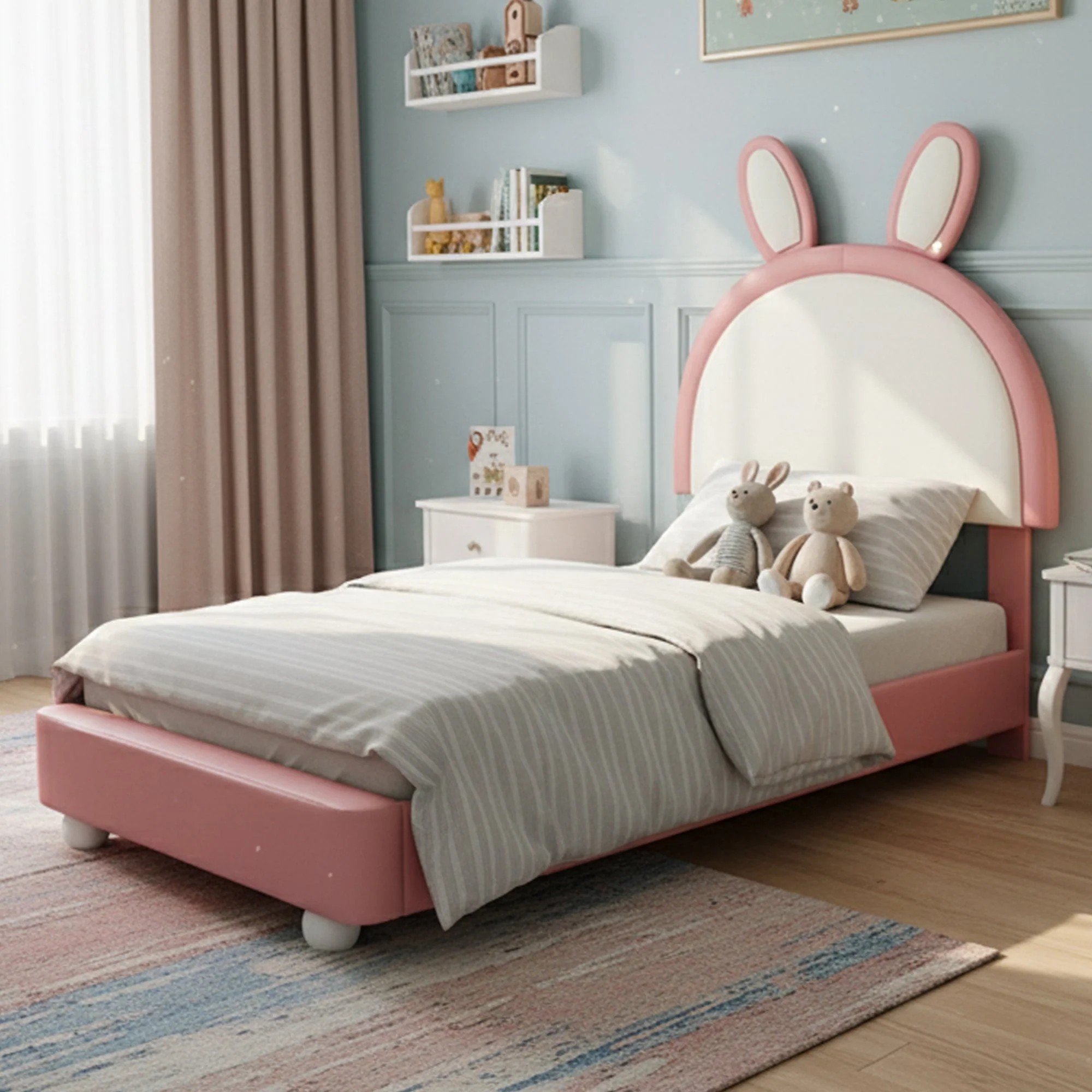 Upholstered Single Bed with Rabbit-Shaped Headboard and LED Light Strip, 90x200cm, Pink and White PU + Plywood - Image 5