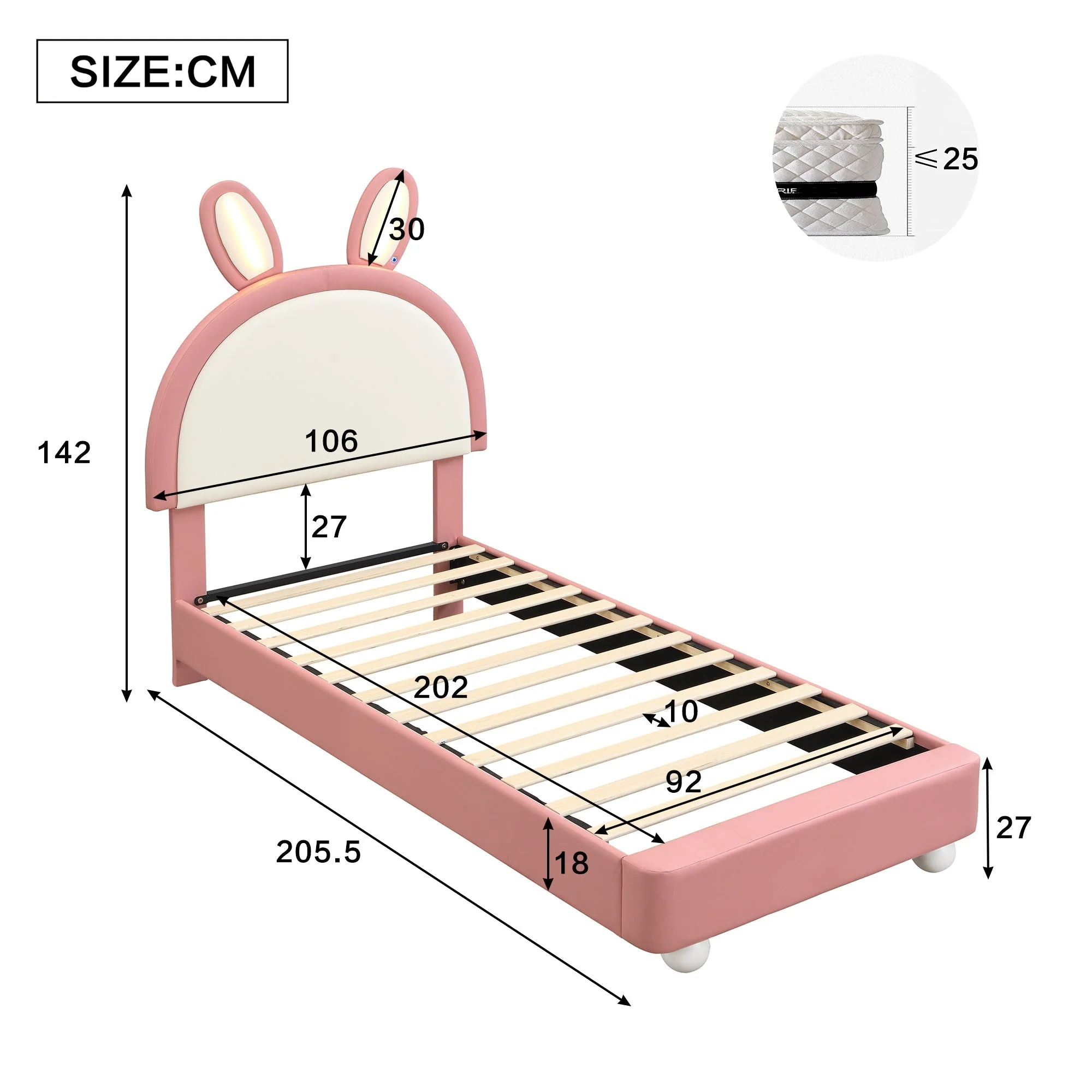 Upholstered Single Bed with Rabbit-Shaped Headboard and LED Light Strip, 90x200cm, Pink and White PU + Plywood - Image 6