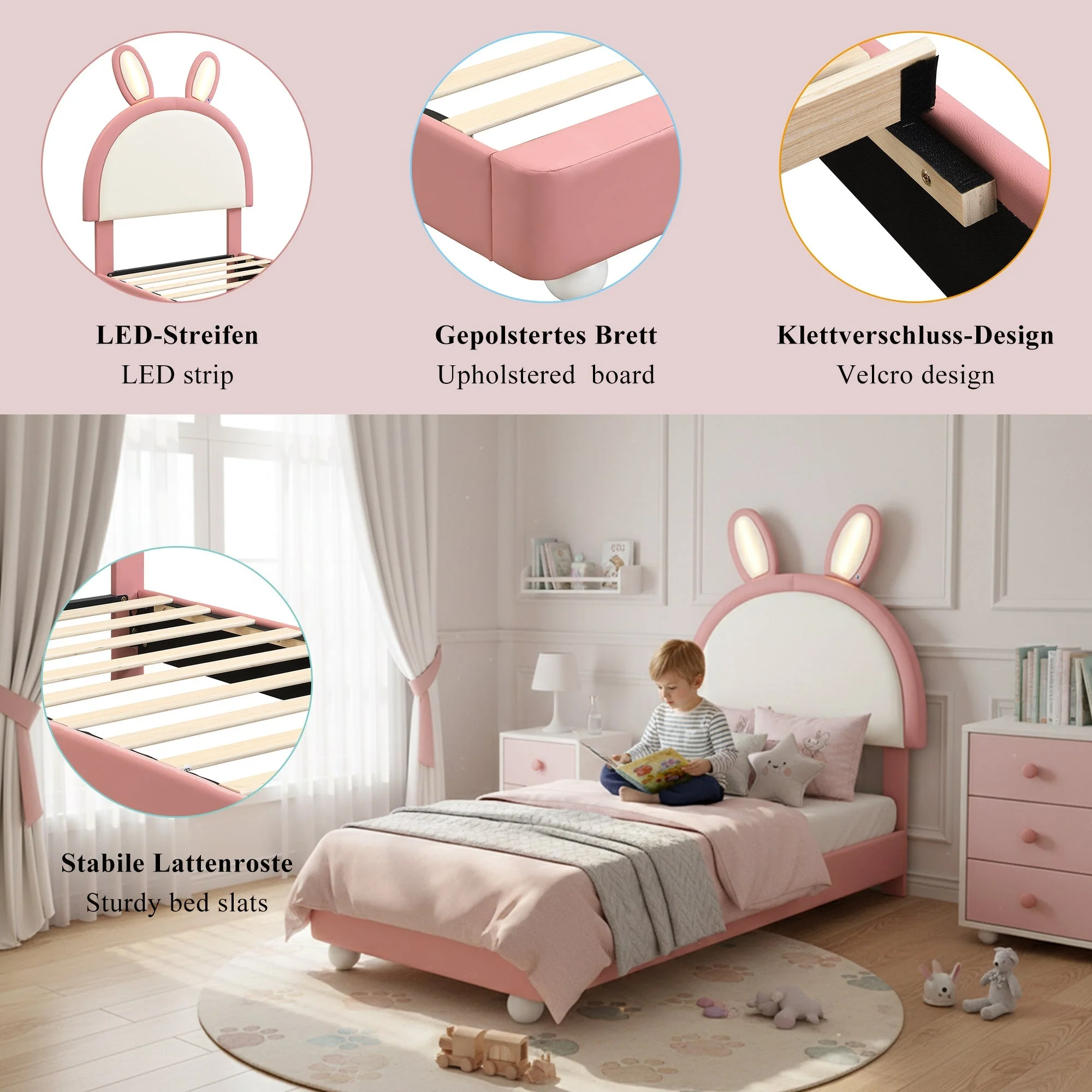 Upholstered Single Bed with Rabbit-Shaped Headboard and LED Light Strip, 90x200cm, Pink and White PU + Plywood - Image 7