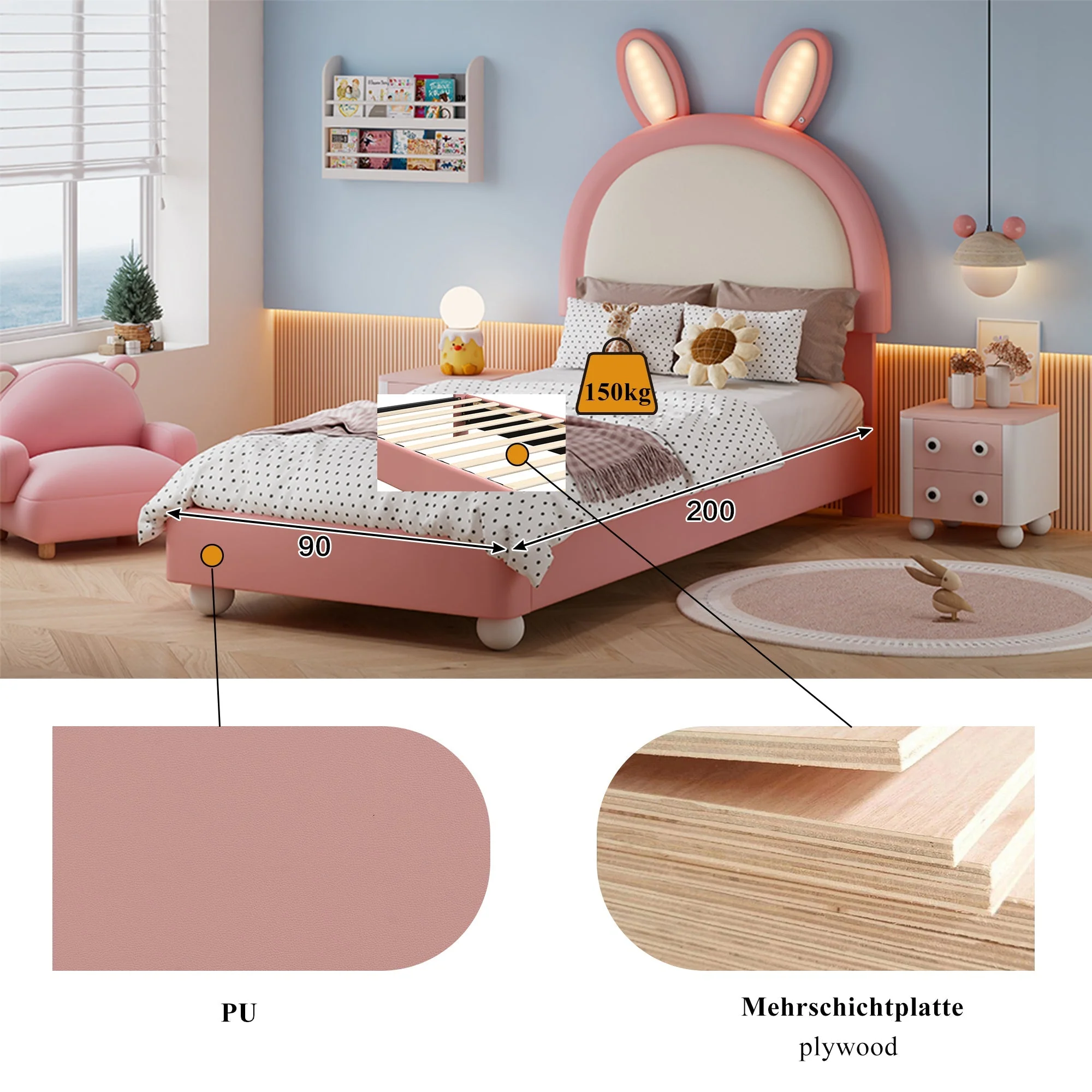 Upholstered Single Bed with Rabbit-Shaped Headboard and LED Light Strip, 90x200cm, Pink and White PU + Plywood - Image 8