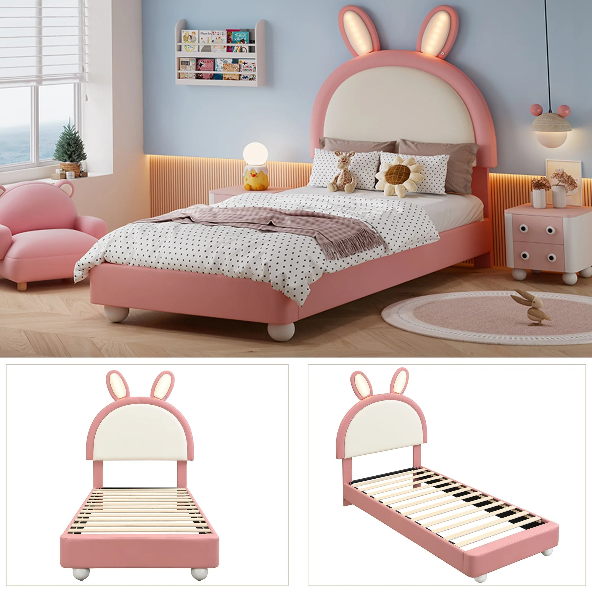 Upholstered Single Bed with Rabbit-Shaped Headboard and LED Light Strip, 90x200cm, Pink and White PU + Plywood - Image 9