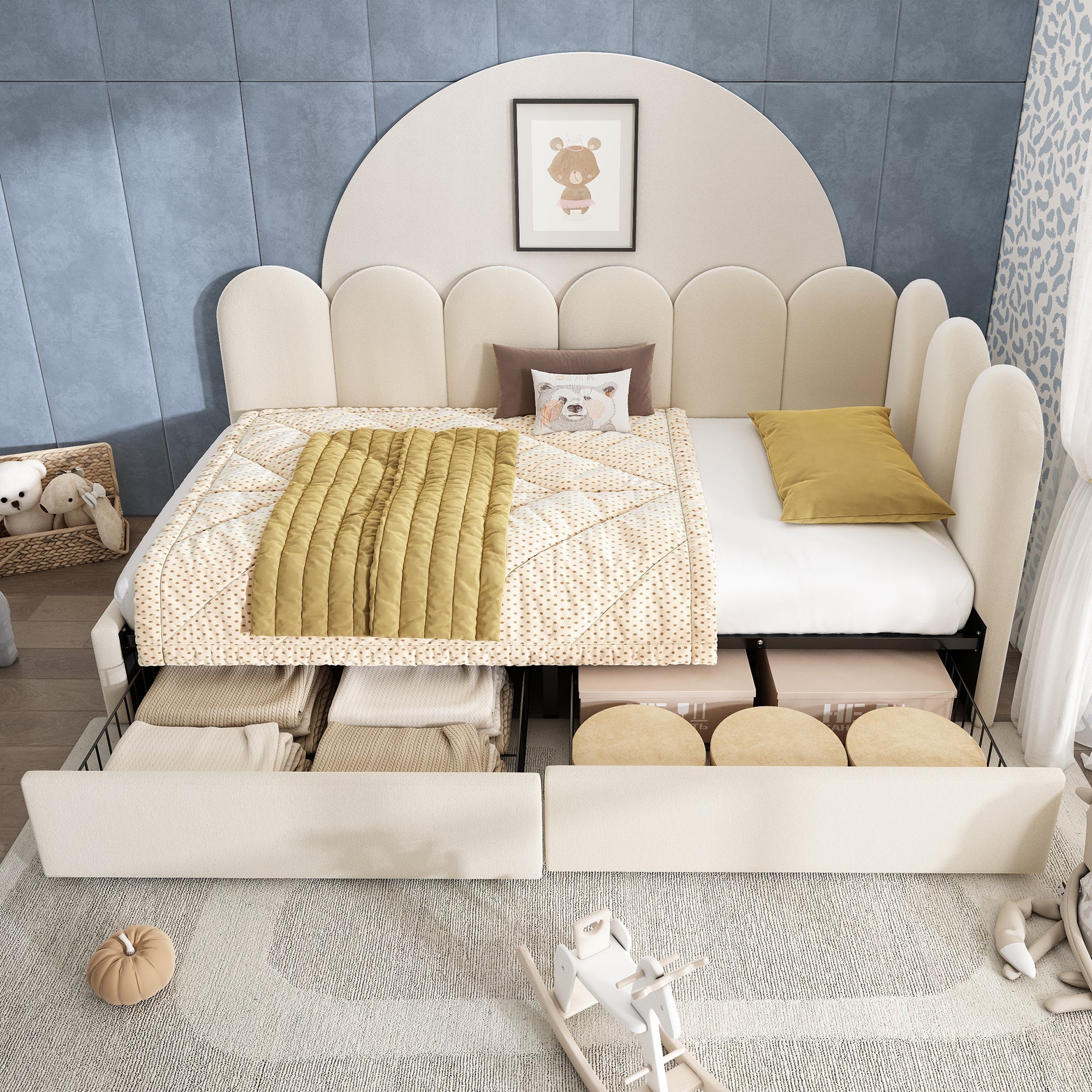Upholstered single bed with drawers, storage bed in velvet, daybed / sofa bed, 90 × 190 cm, with slatted base, suitable for teenagers and adults, children’s bed, beige (mattress not included) - Image 10