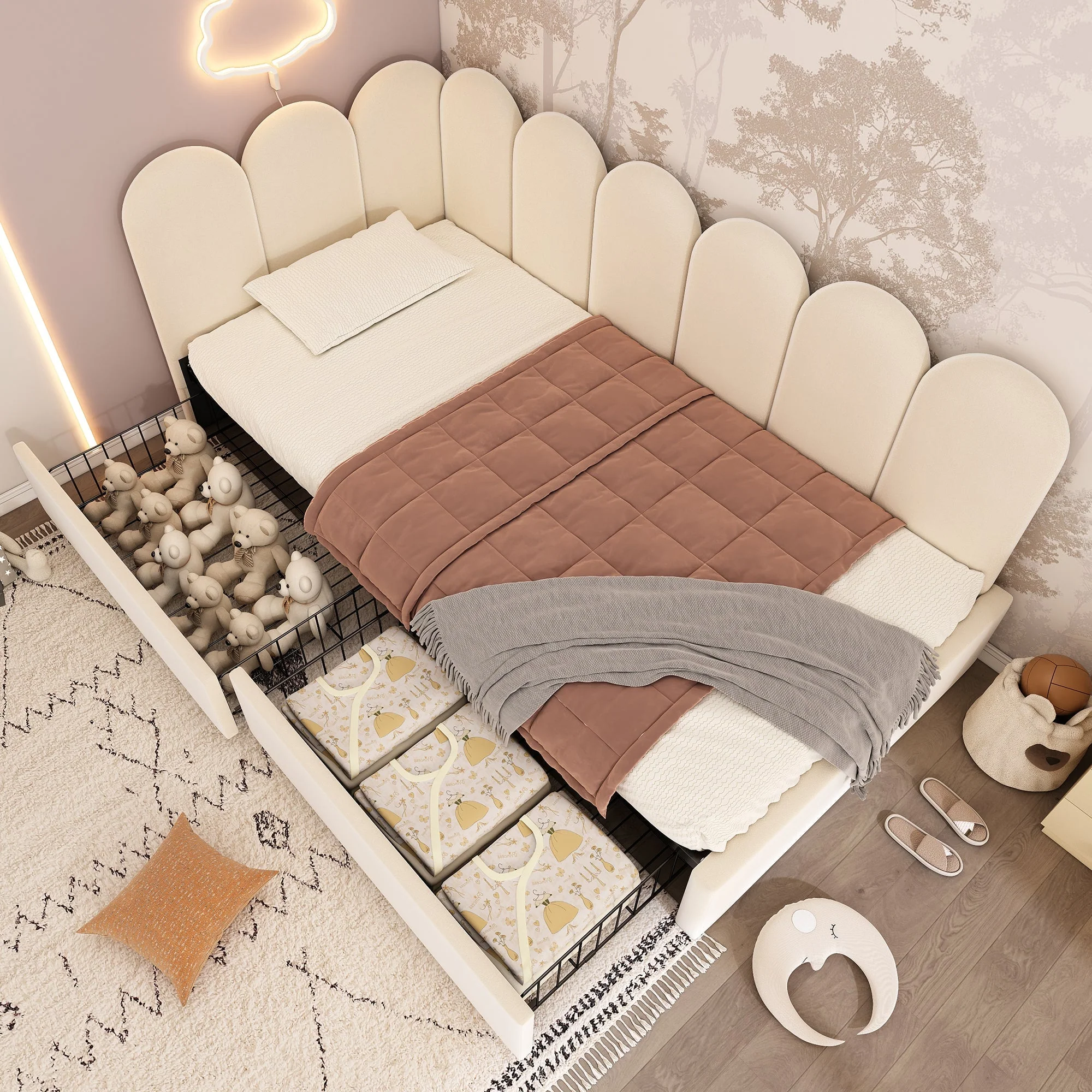 Upholstered single bed with drawers, storage bed in velvet, daybed / sofa bed, 90 × 190 cm, with slatted base, suitable for teenagers and adults, children’s bed, beige (mattress not included) - Image 7