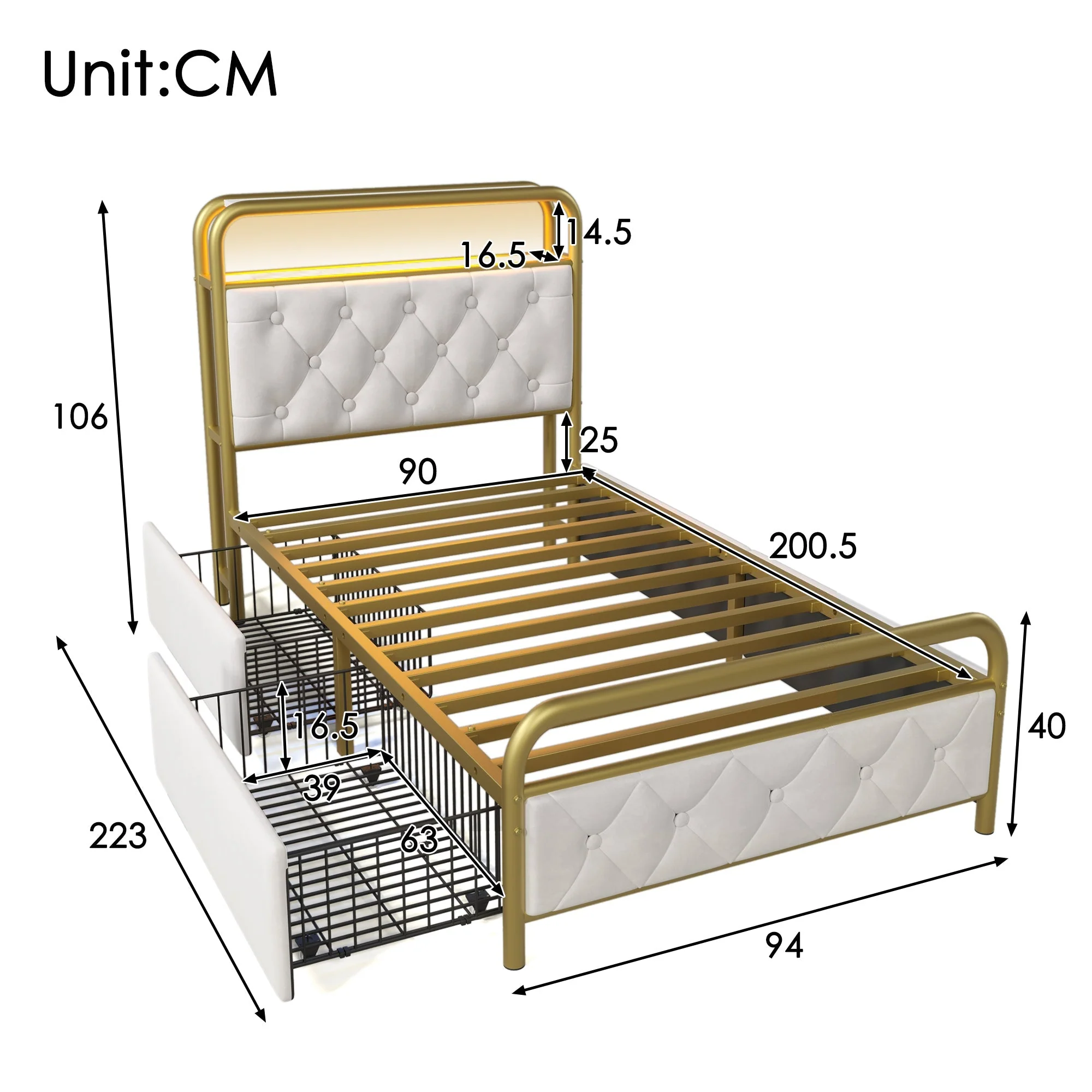 Upholstered Single Bed with USB-C Charging, LED & 2 Drawers, Velvet - Image 2
