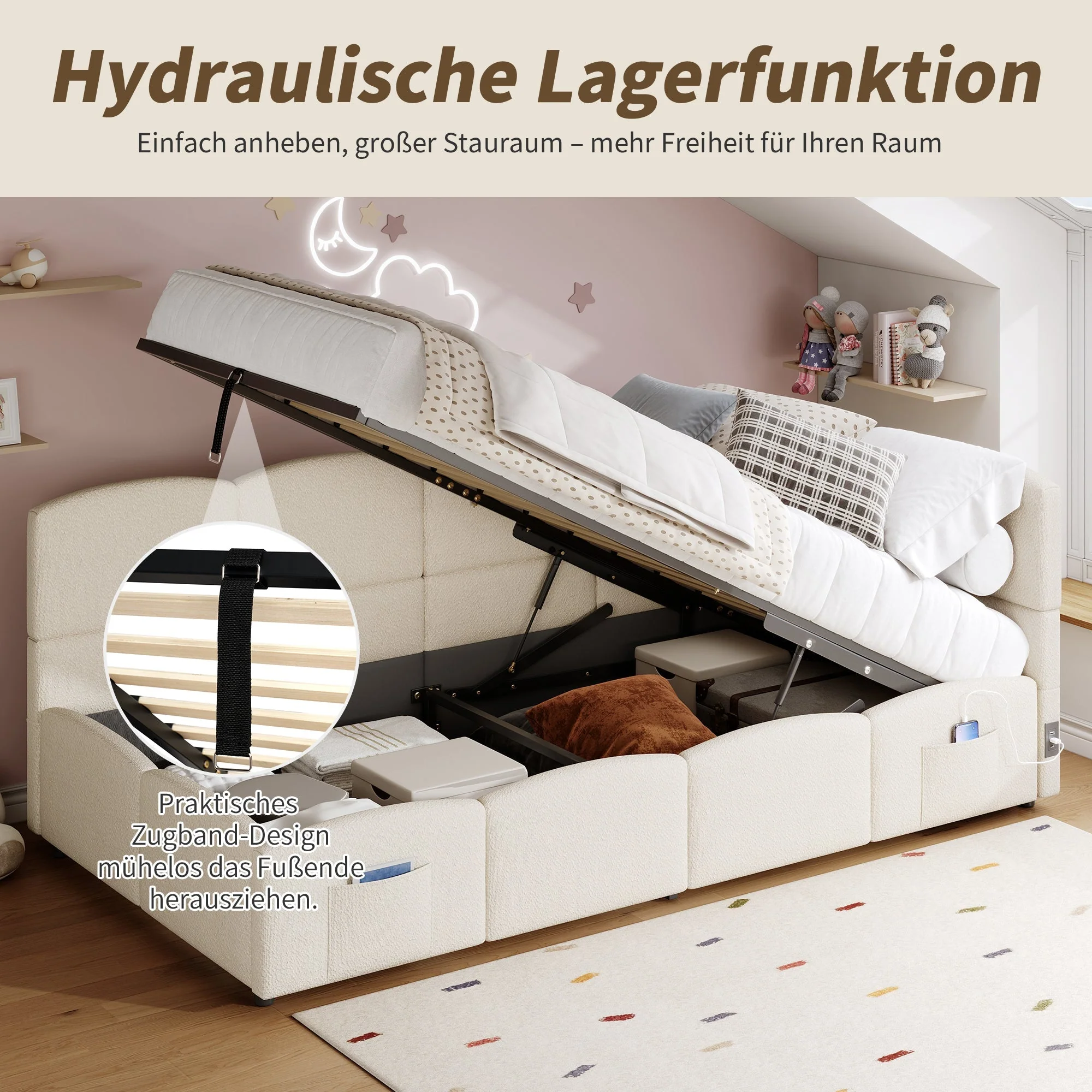 Upholstered Single Bed with USB Charger and Storage Bag, 90x200 cm, Beige Bouclé - Image 7