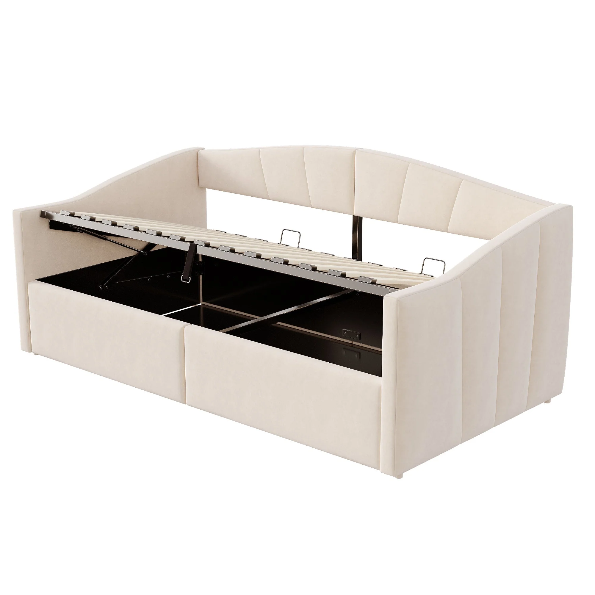 Upholstered Single Sofa Bed 90x200cm Hydraulic Storage Armrests Striped - Velvet Beige - Image 10