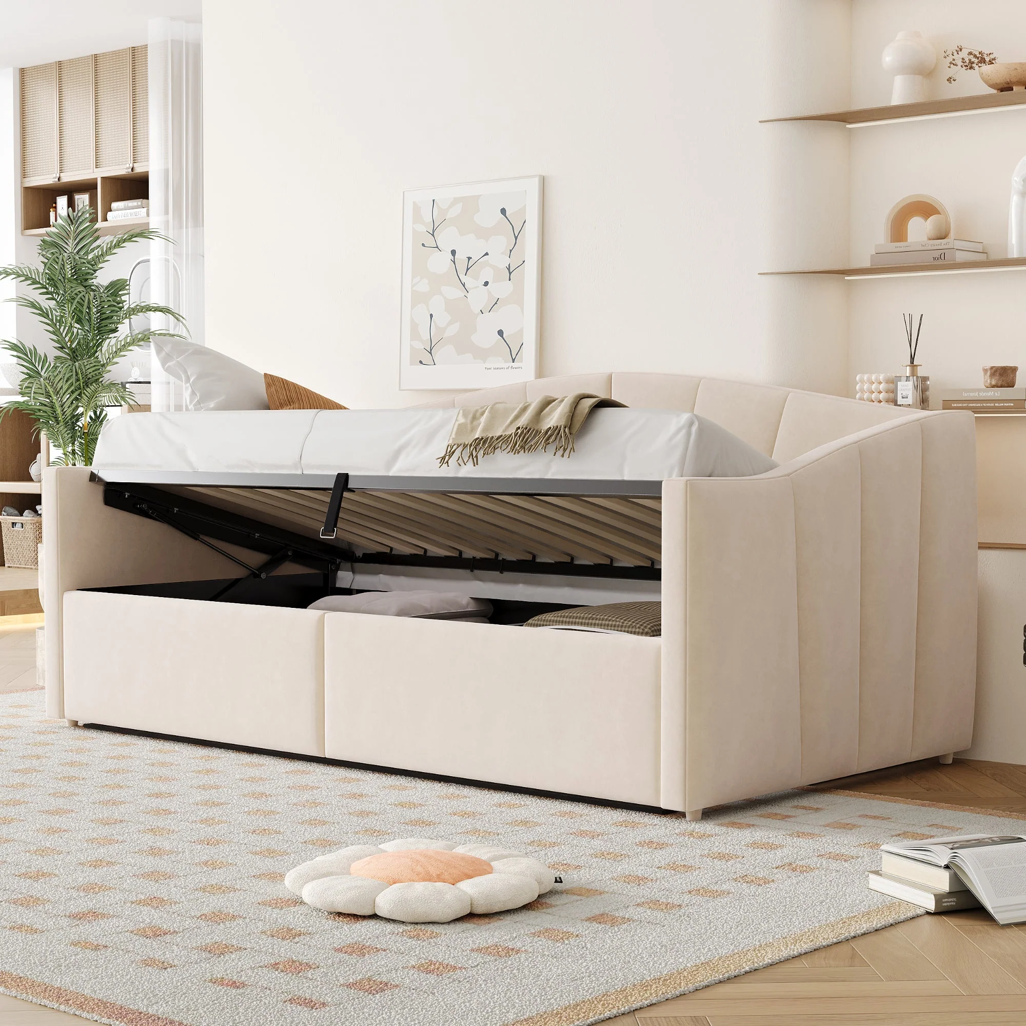 Upholstered Single Sofa Bed 90x200cm Hydraulic Storage Armrests Striped - Velvet Beige - Image 2