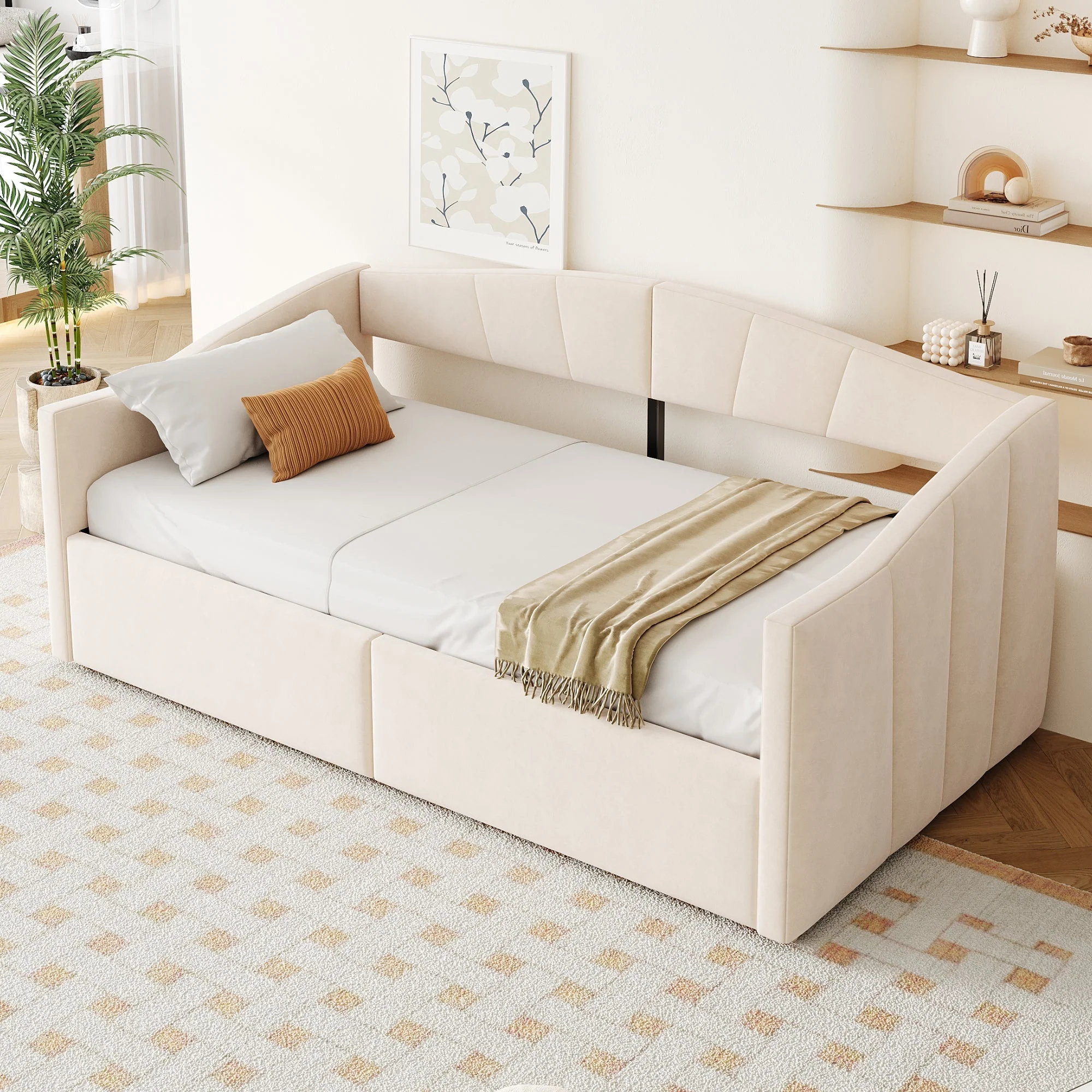 Upholstered Single Sofa Bed 90x200cm Hydraulic Storage Armrests Striped - Velvet Beige - Image 3