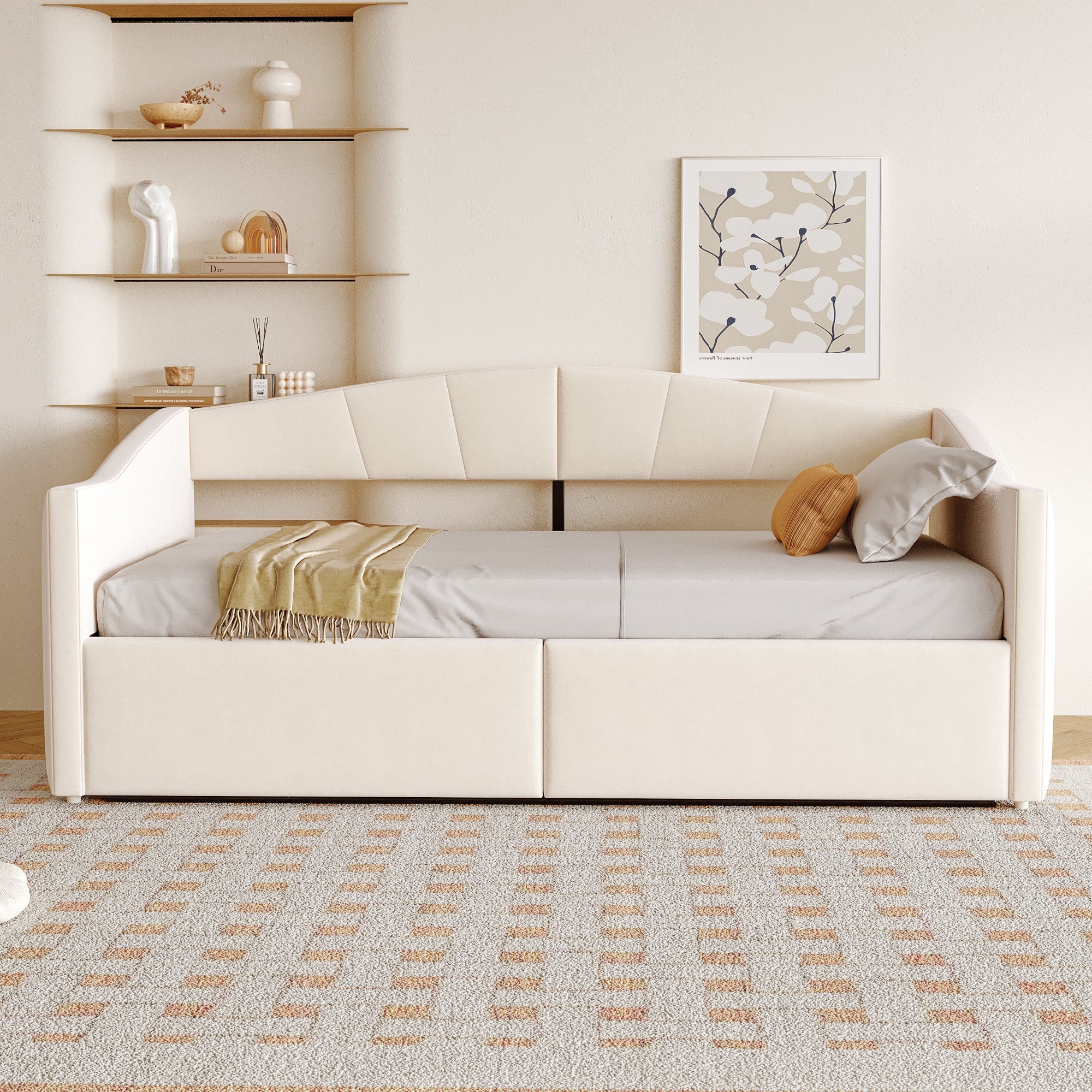 Upholstered Single Sofa Bed 90x200cm Hydraulic Storage Armrests Striped - Velvet Beige - Image 4