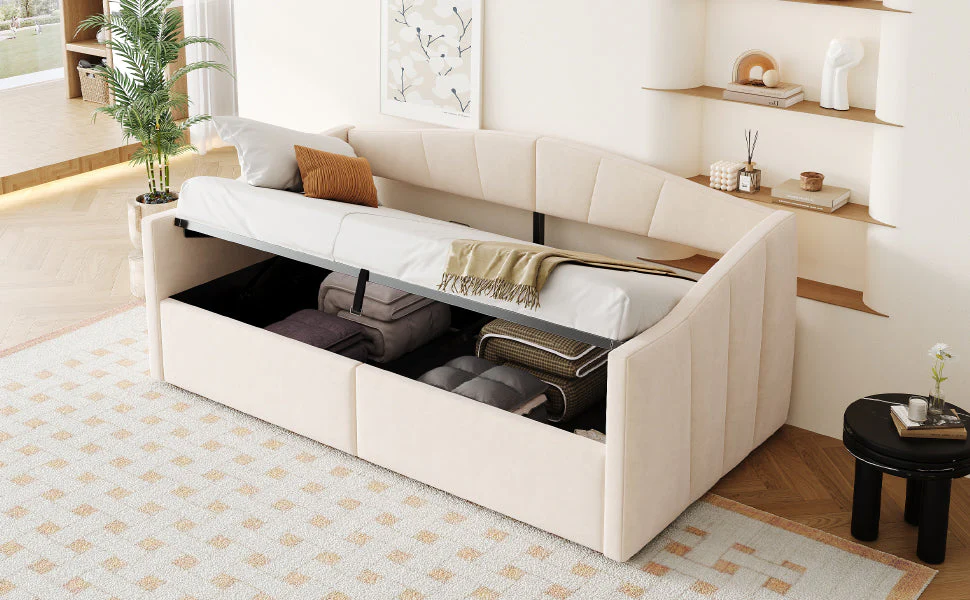 Upholstered Single Sofa Bed 90x200cm Hydraulic Storage Armrests Striped - Velvet Beige - Image 5