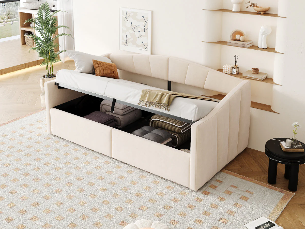 Upholstered Single Sofa Bed 90x200cm Hydraulic Storage Armrests Striped - Velvet Beige - Image 6