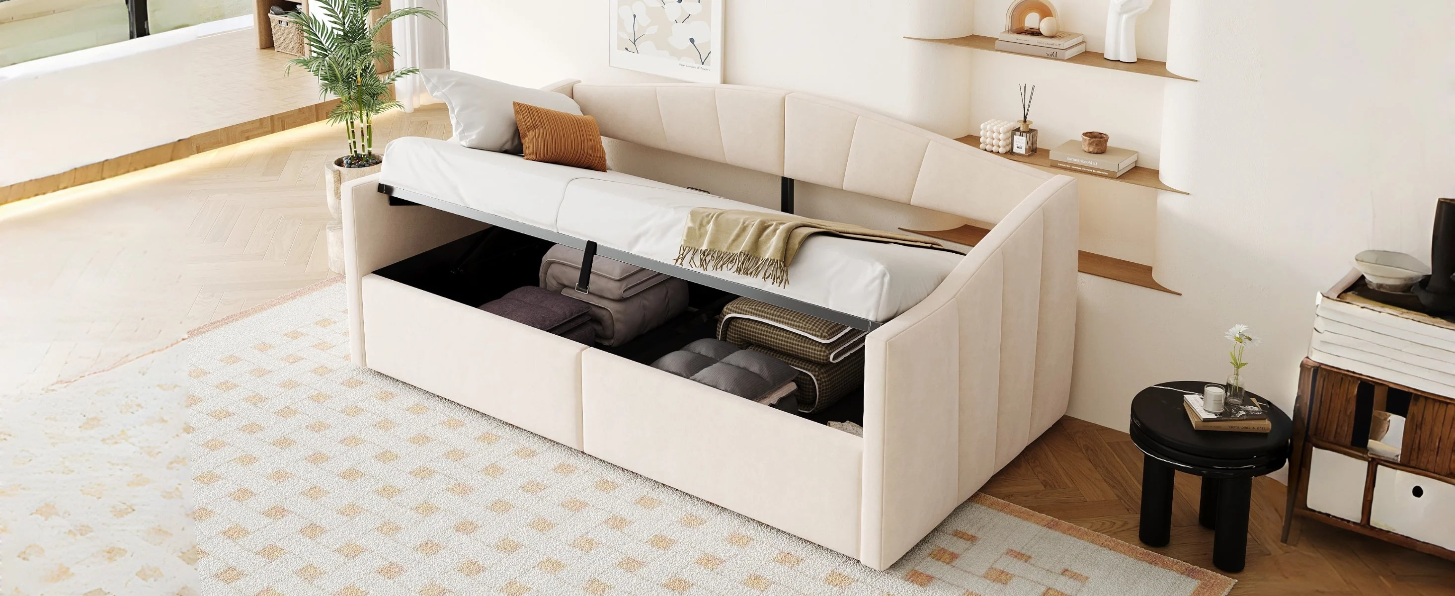 Upholstered Single Sofa Bed 90x200cm Hydraulic Storage Armrests Striped - Velvet Beige - Image 7