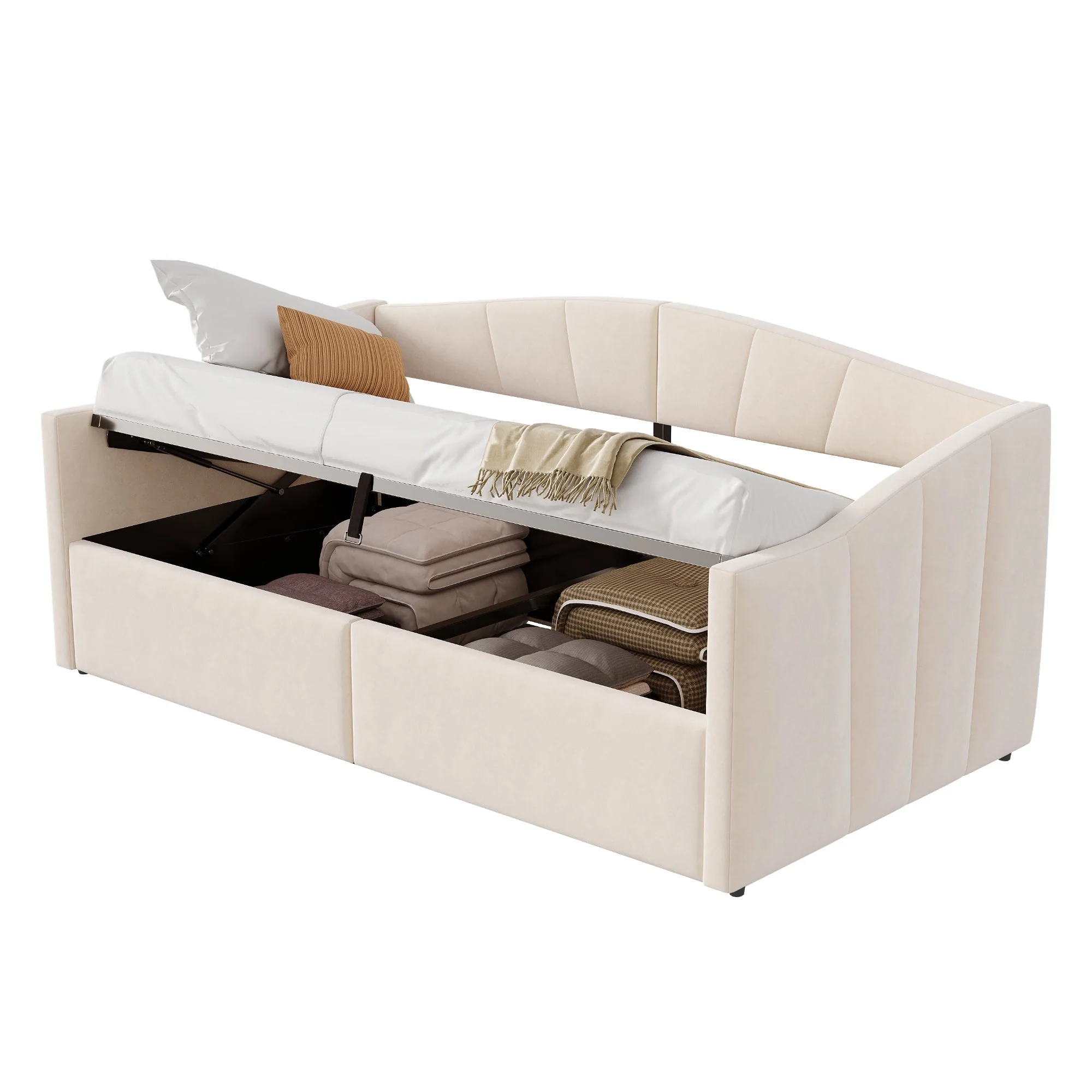 Upholstered Single Sofa Bed 90x200cm Hydraulic Storage Armrests Striped - Velvet Beige - Image 8